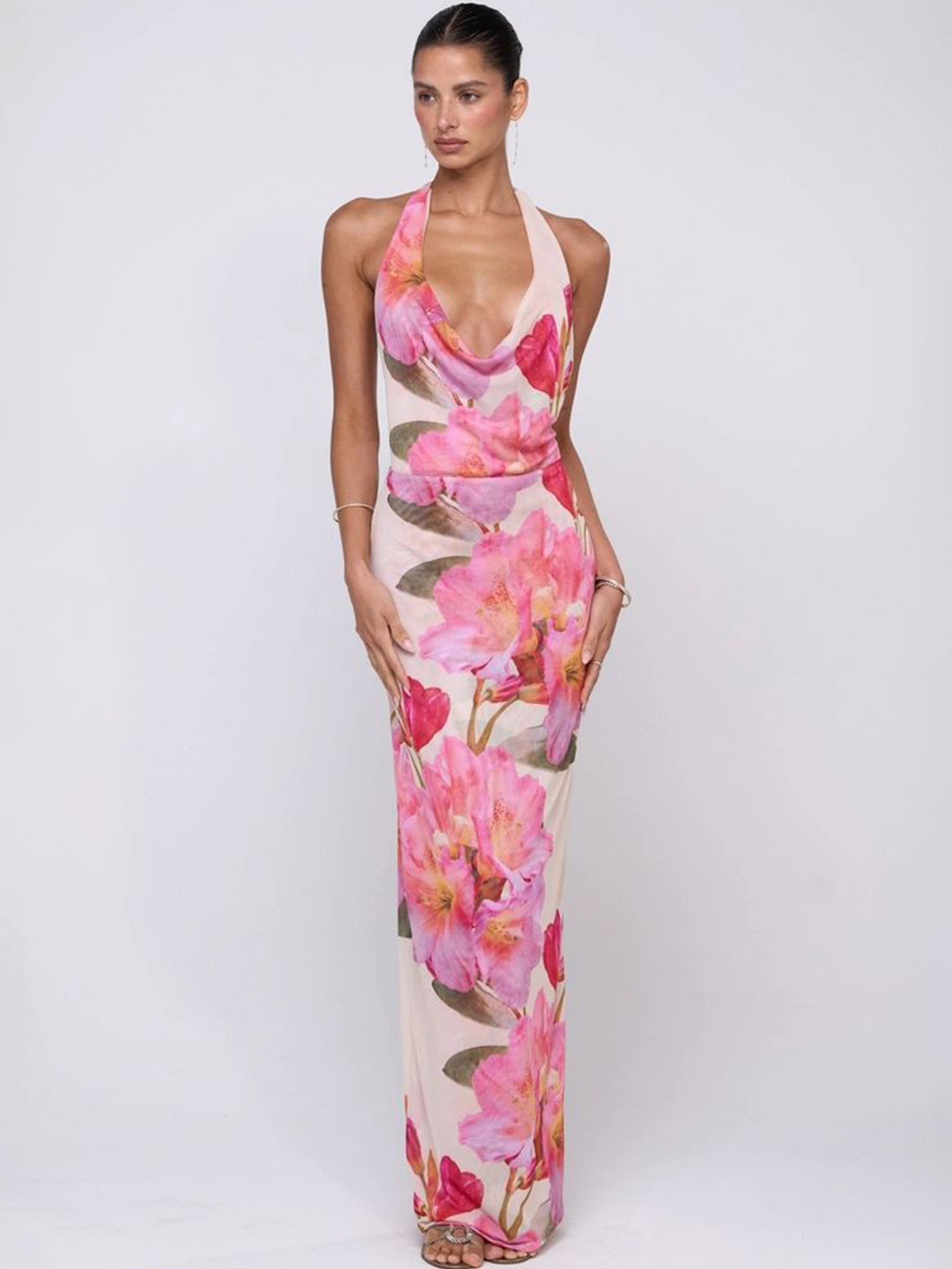 LULU & SKY Women Floral Printed Cowl Neck Backless Maxi Dress
