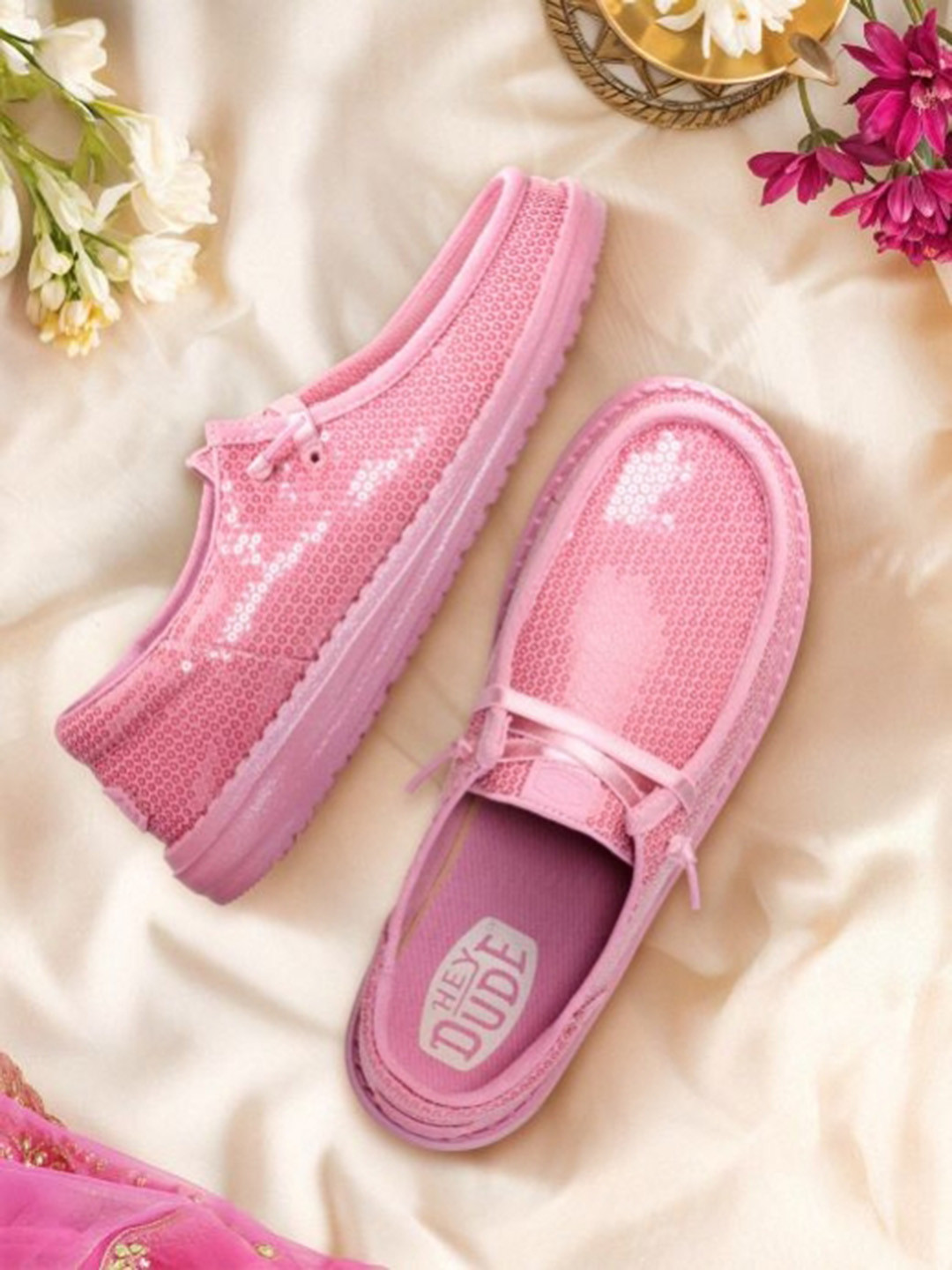 HEYDUDE Women Textile Embellished Round Toe Slip-On Sneakers