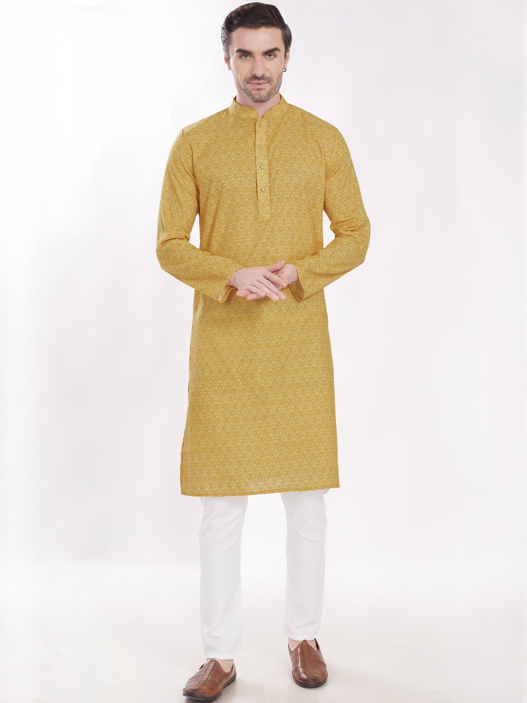 PulseIQ Men Linen Cotton Blend Printed Kurta