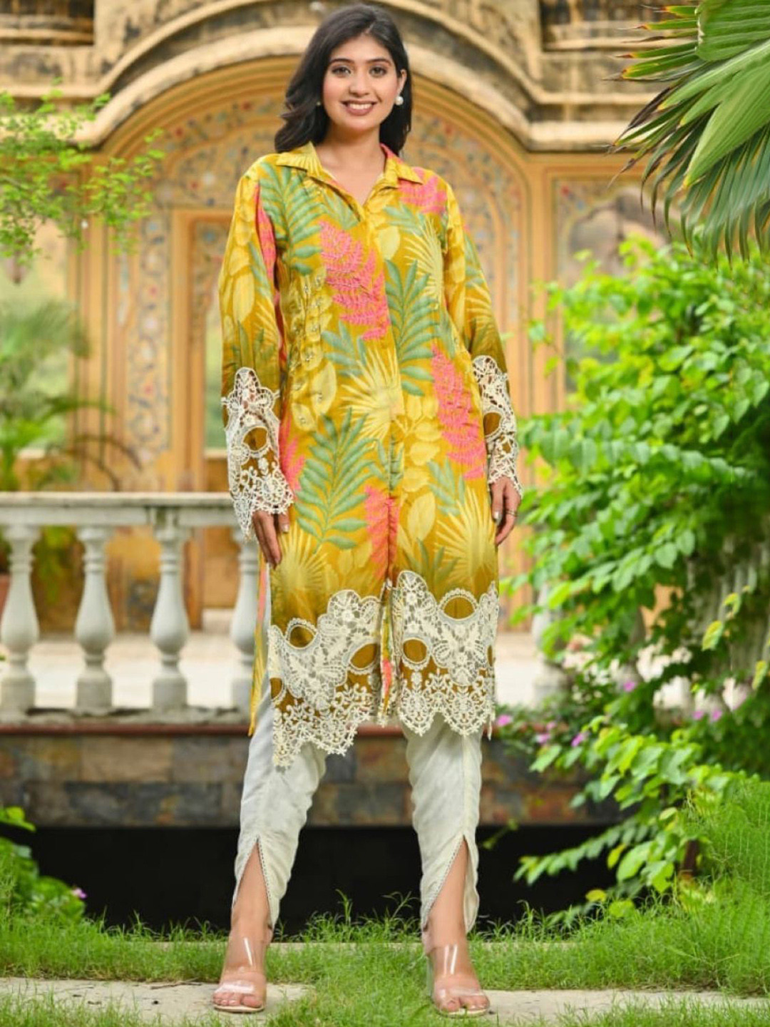 AUTUMN LANE Bodhi Maize Floral Printed Shirt Collar Thread Work Kurta With Dhoti Pants