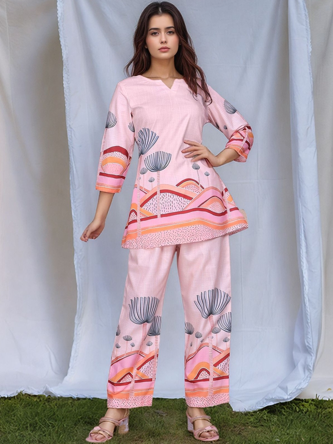Anouk Women Peach Printed Cotton Blend Short Kurta with Trousers Co-Ords
