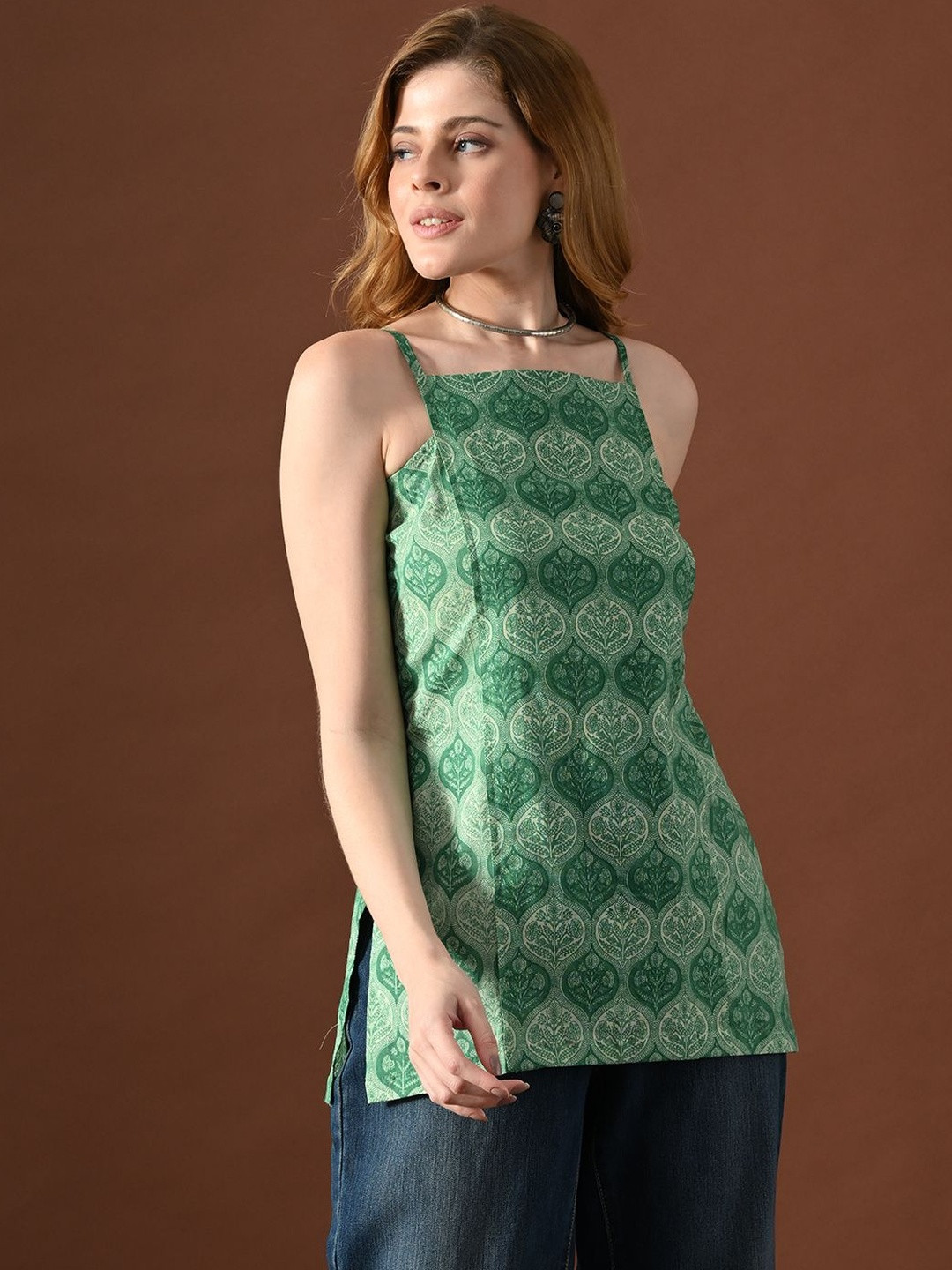 KALINI Women Green Geometrical Print Misha Backless Kurti