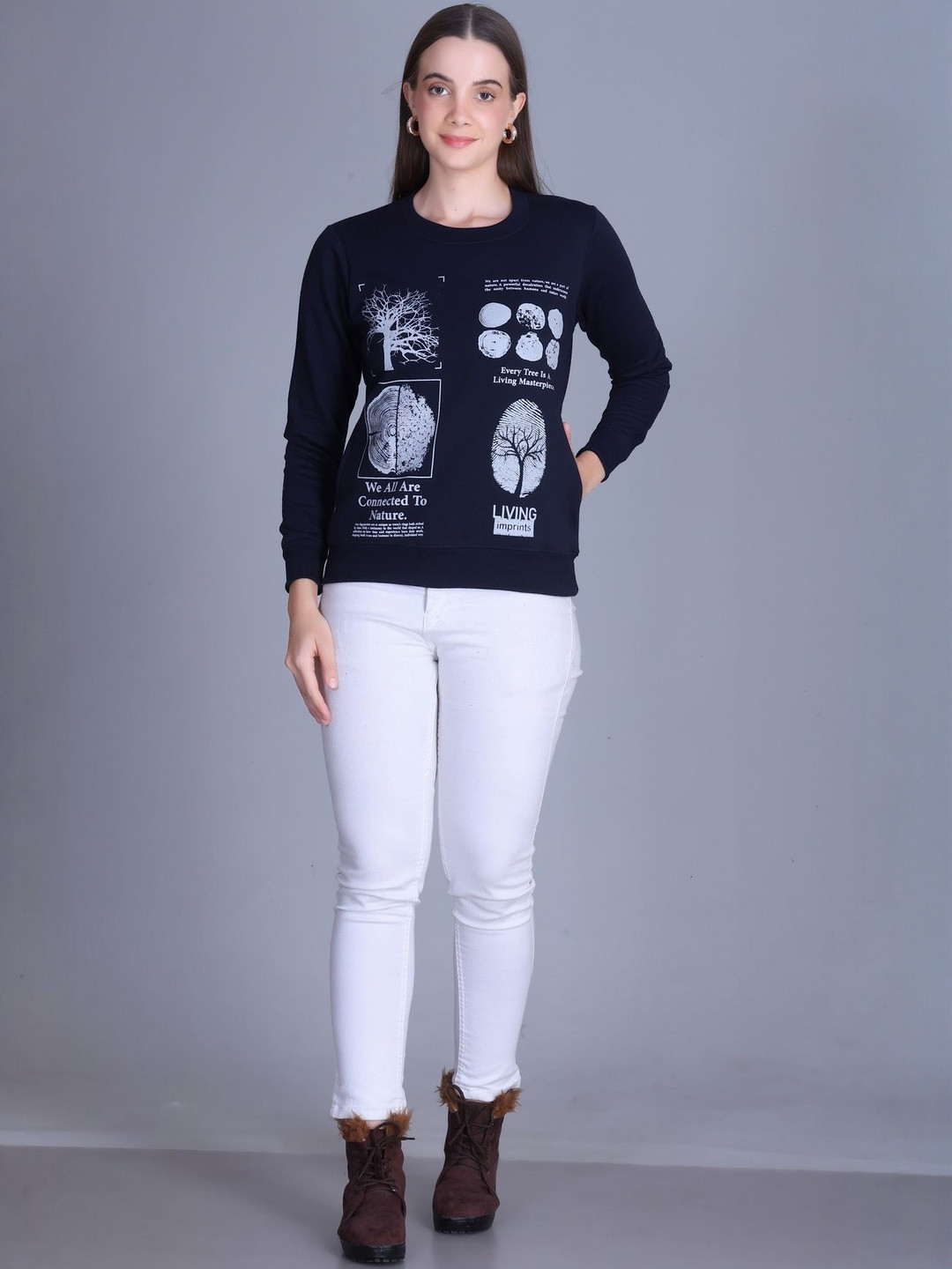 HERE&NOW Women Fleece Printed Sweatshirt
