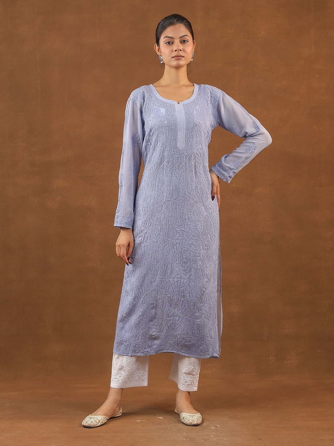 Janaki Apparels Floral Embroidered A-Line Chikankari Chanderi Cotton Kurta