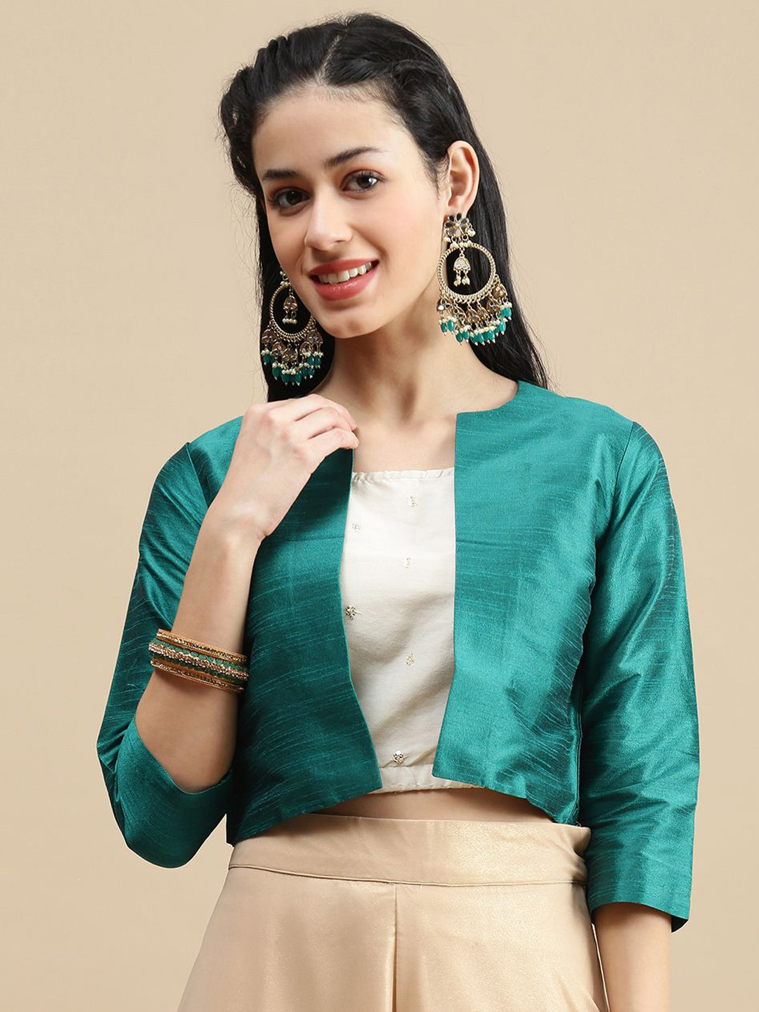 De Moza Women Collarless Solid Open Front Jacket