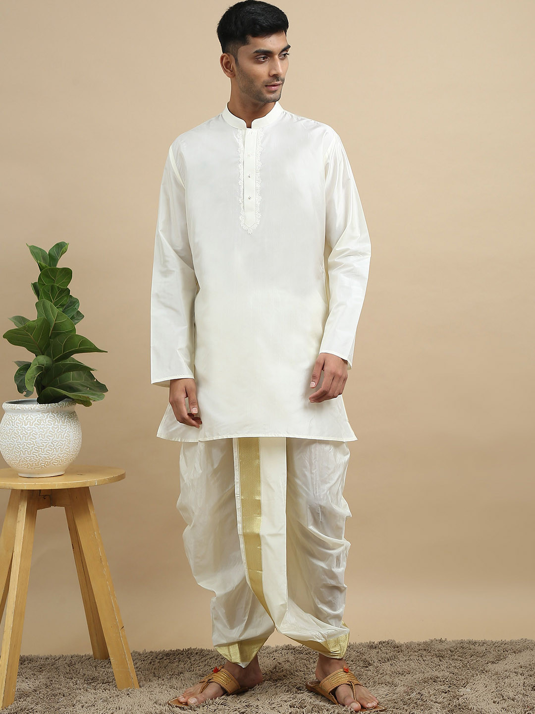 TATTVA Men Cream Art Silk  Embroidered Regular Thread Work Kurta Set