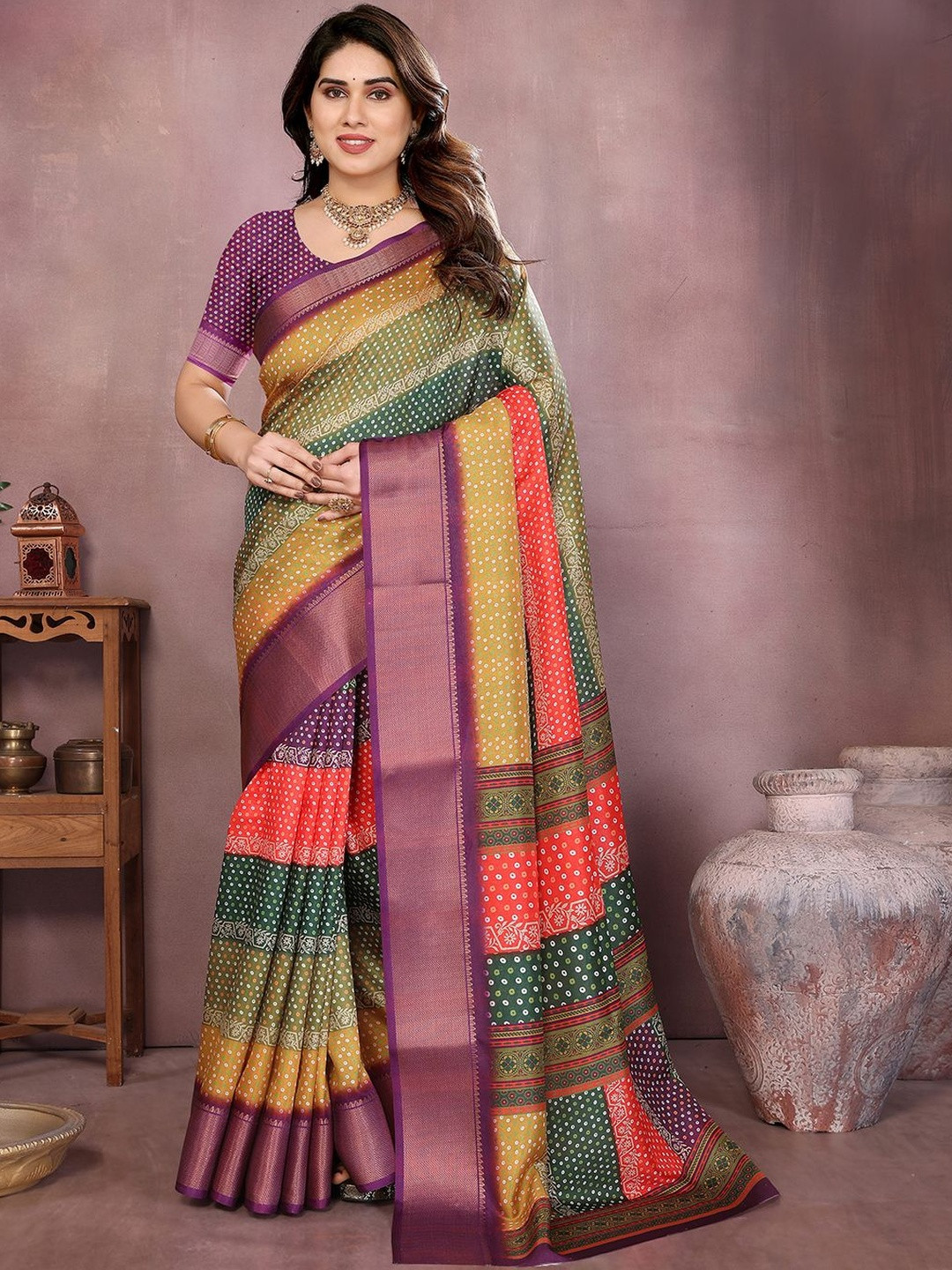 Moda Rapido Women Multi Dola Silk Saree with Bandhani Digital Print Sarees
