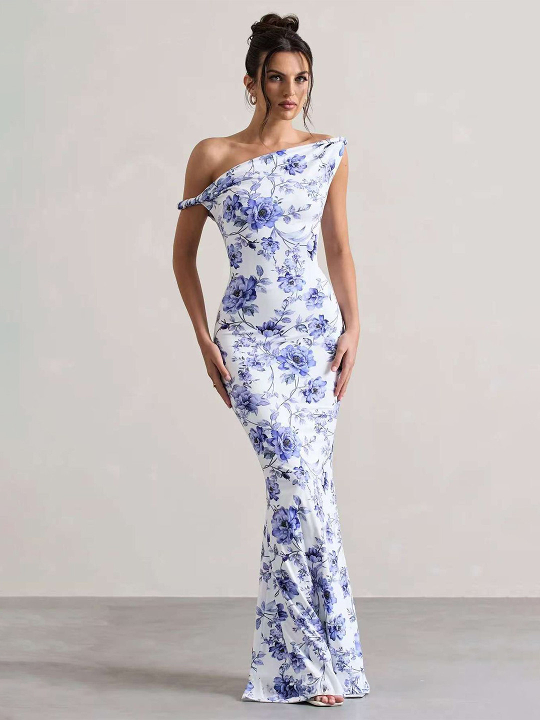 LULU & SKY Women Floral Printed Asymmetric Neck Shoulder Straps Bodycon Maxi Dress