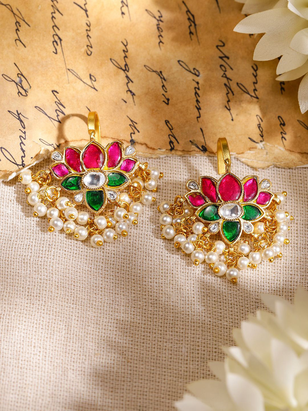 Rubans 22K Gold-Plated Ruby, Emerald & White Kundan Lotus Design Ear Cuff