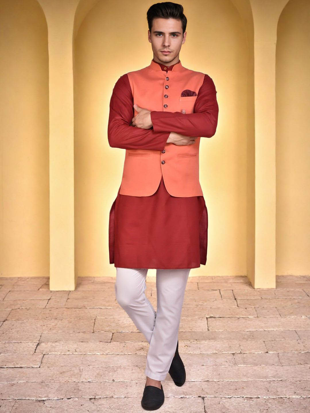 PRINTCULTR Men Red Cotton Blend Regular Ethnic Kurta with Trousers with Nehru jacket