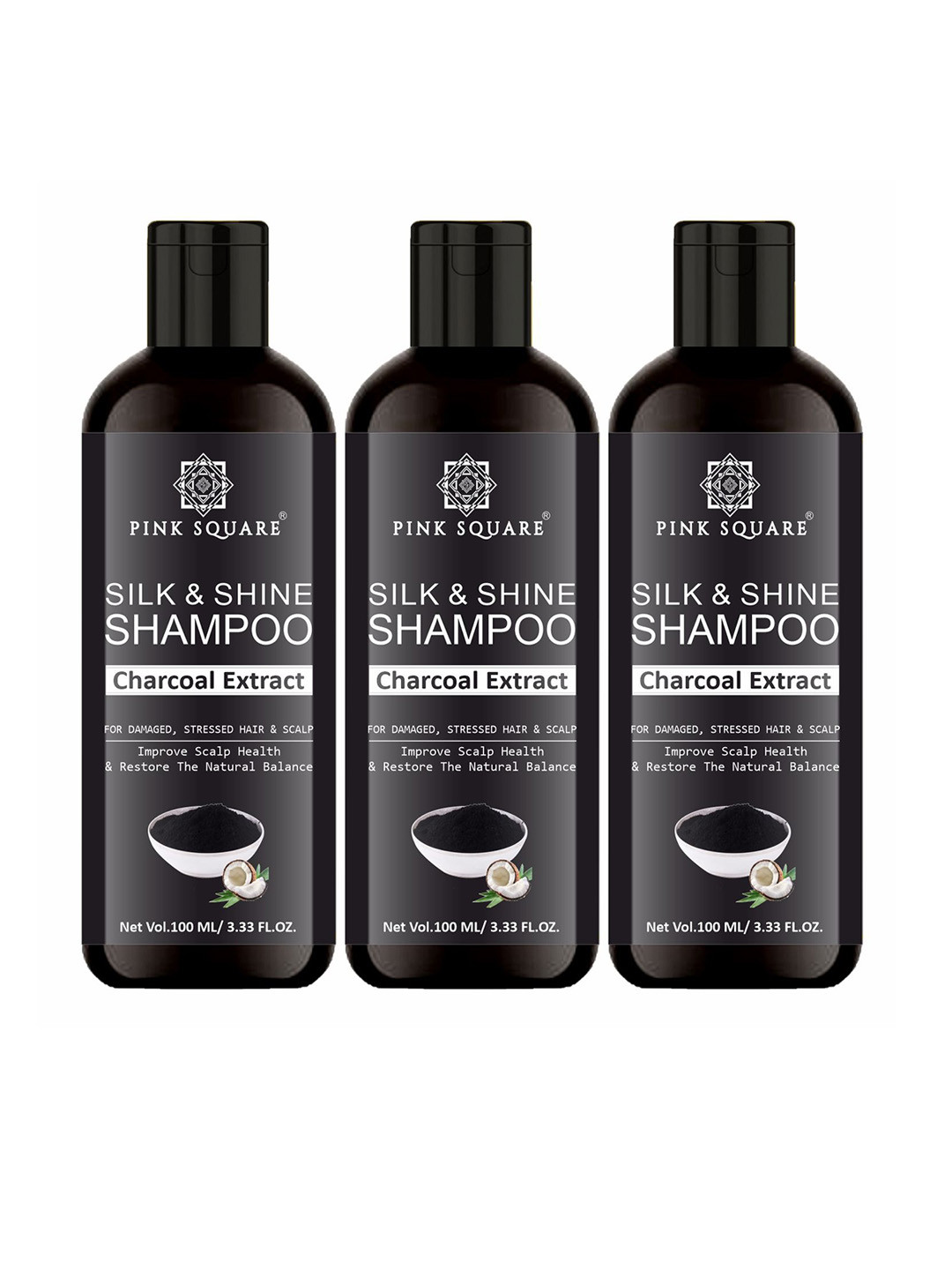 Pink Square Set Of 3 Silk & Shine Shampoo With Charcoal Extract- 100 ml Each