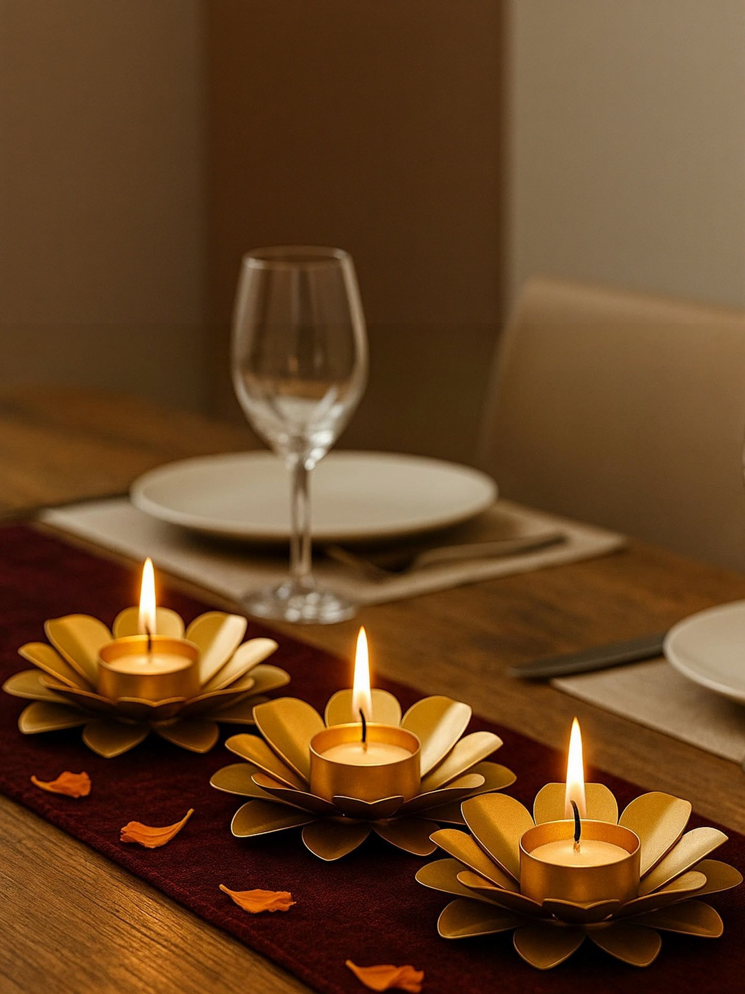 Go Hooked 3 Pieces Matte Gold Finish Candle Holder for Diwali & Gifting