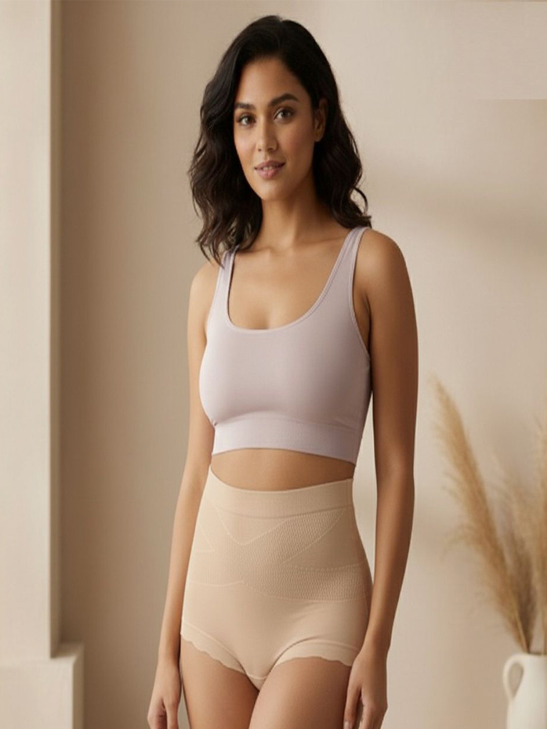 JETVELI Women Cream Cotton Seamless High Waist Tummy Tucker Body Shapewear Panty