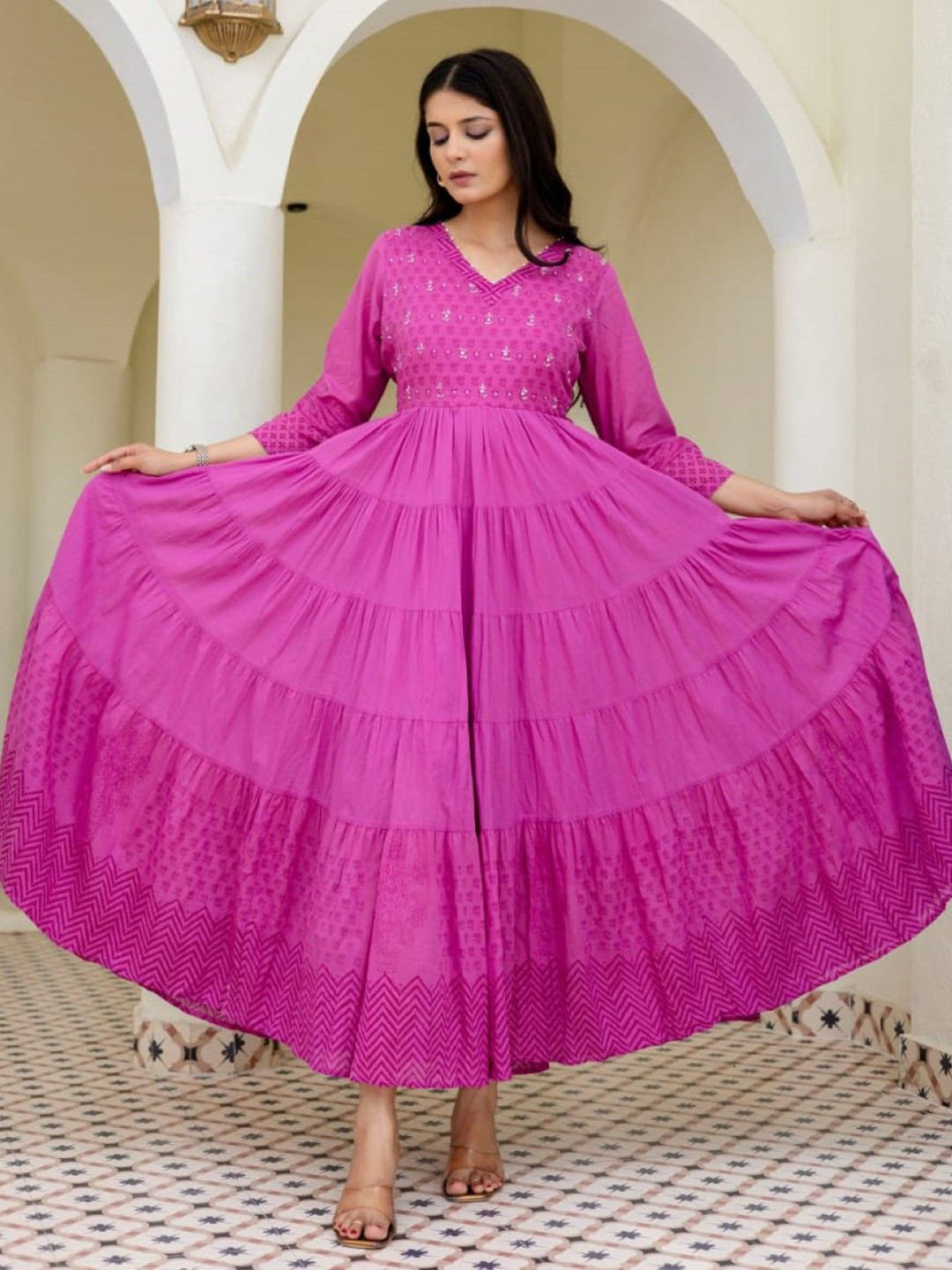 AUTUMN LANE Women Mahua Hot Pink Cotton Maxi Dress