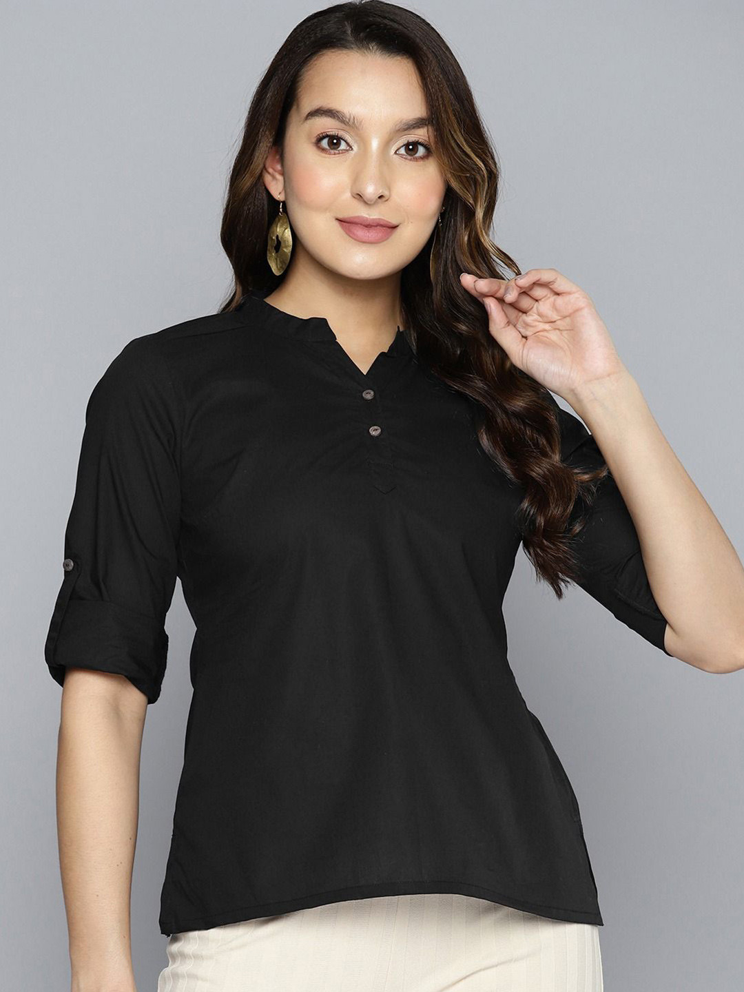 SHALIG Women Mandarin Collar Roll-Up Sleeves Cotton Casual  Top