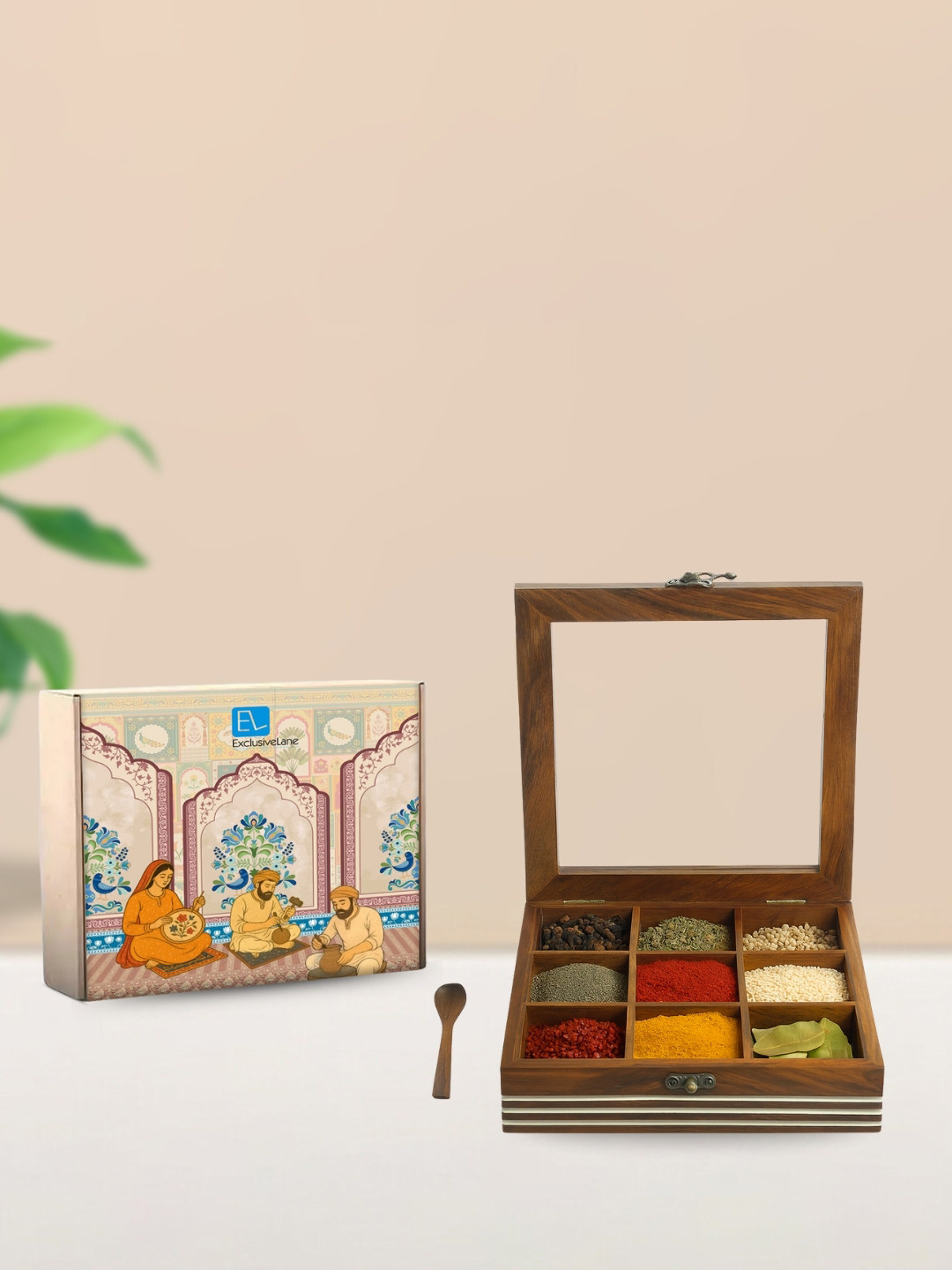 ExclusiveLane Brown Solid Hand Engraved Sheesham Wooden Square Spice Box With Spoon