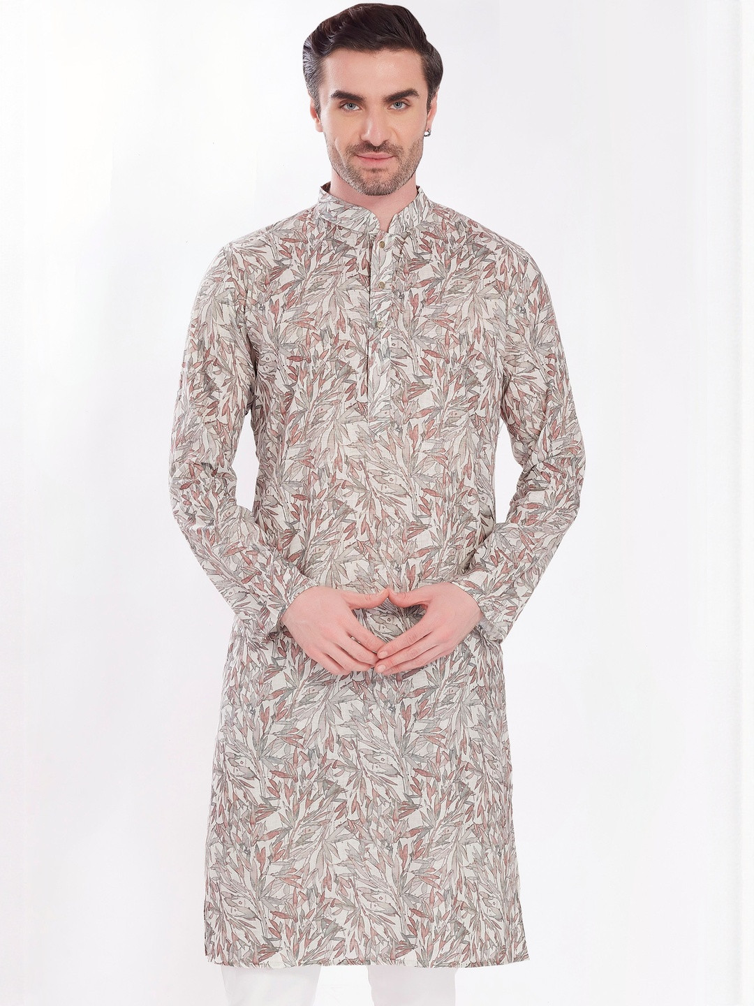 PulseIQ Men Cream Linen Cotton Blend Printed Regular Fit Long Kurta