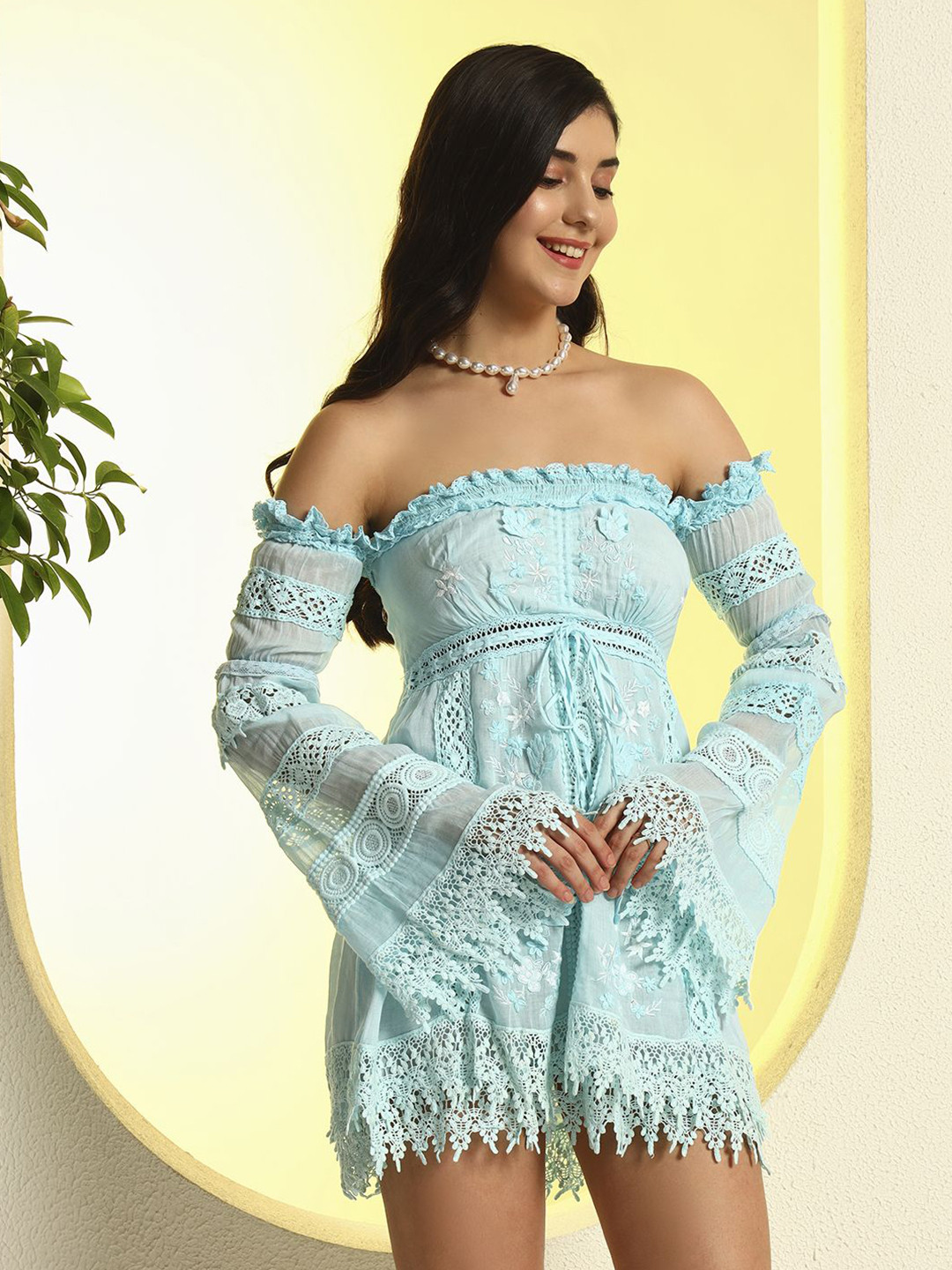 Zastraa Women Floral Embroidered Off-Shoulder Bell Sleeve Mini Lace Dress