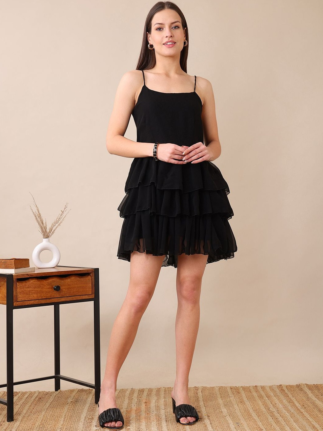 KALINI Women Shoulder Straps Layered Ruffle Georgette Fit & Flare Mini Dress