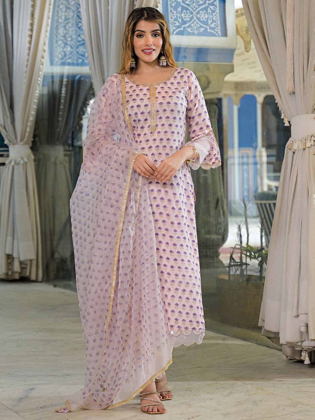 Divena Women Purple Hand Block Muslin Straight Kurta Pant With Dupatta