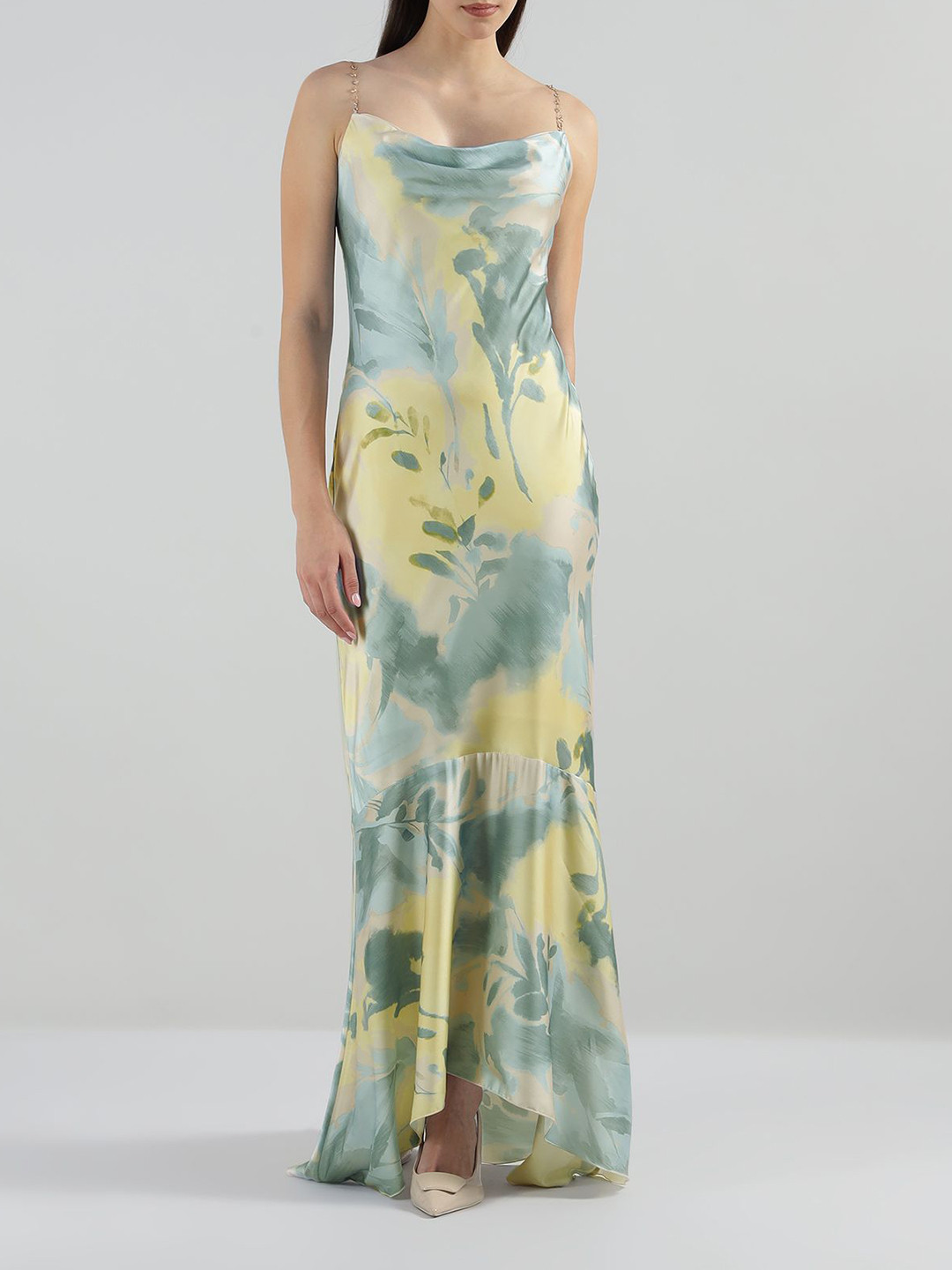 Rinascimento Women Floral Printed Cowl Neck Shoulder Straps Sheath Maxi Dress