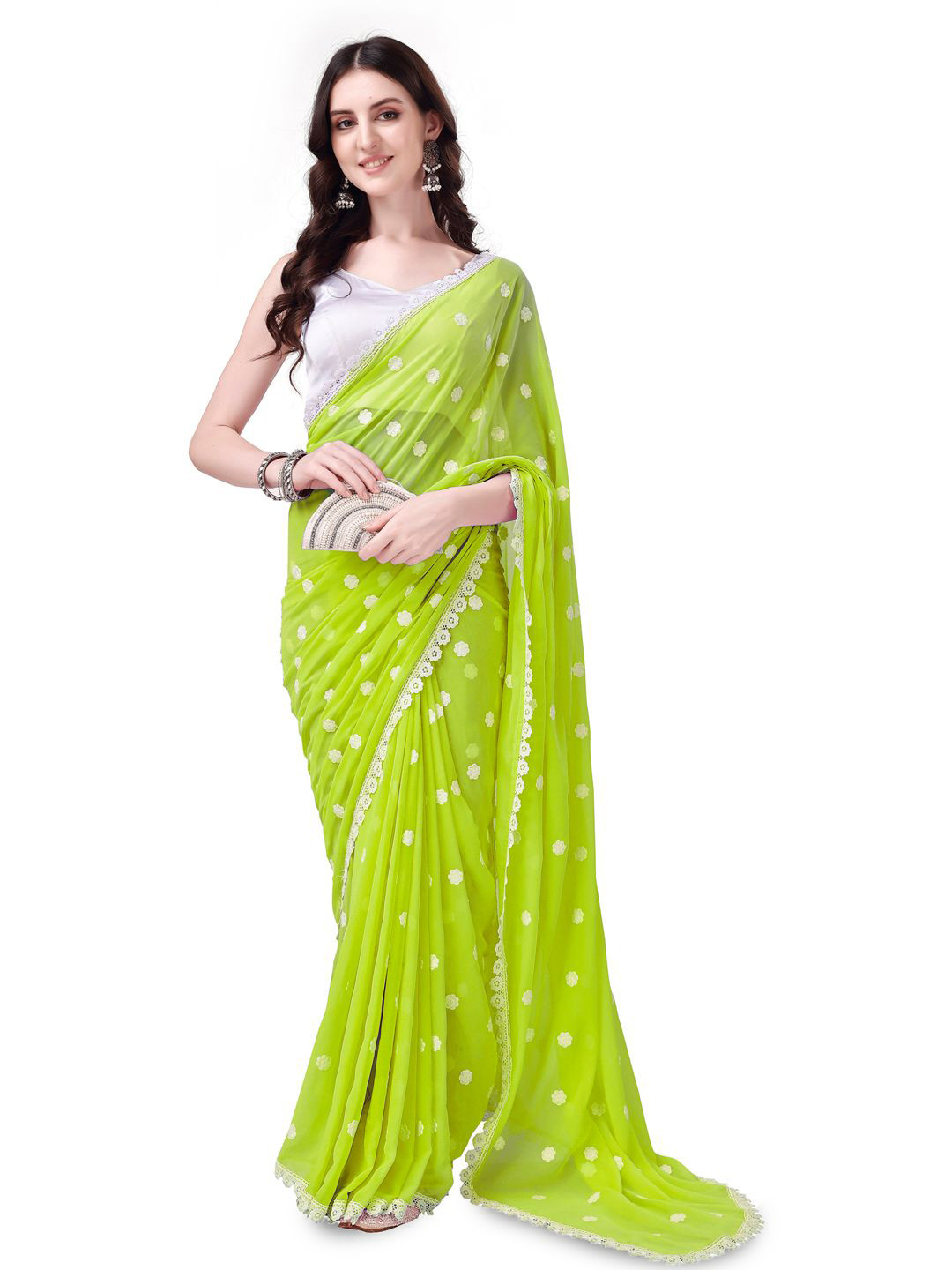 HESVI Floral Embroidered Border Work Pure Georgette Saree