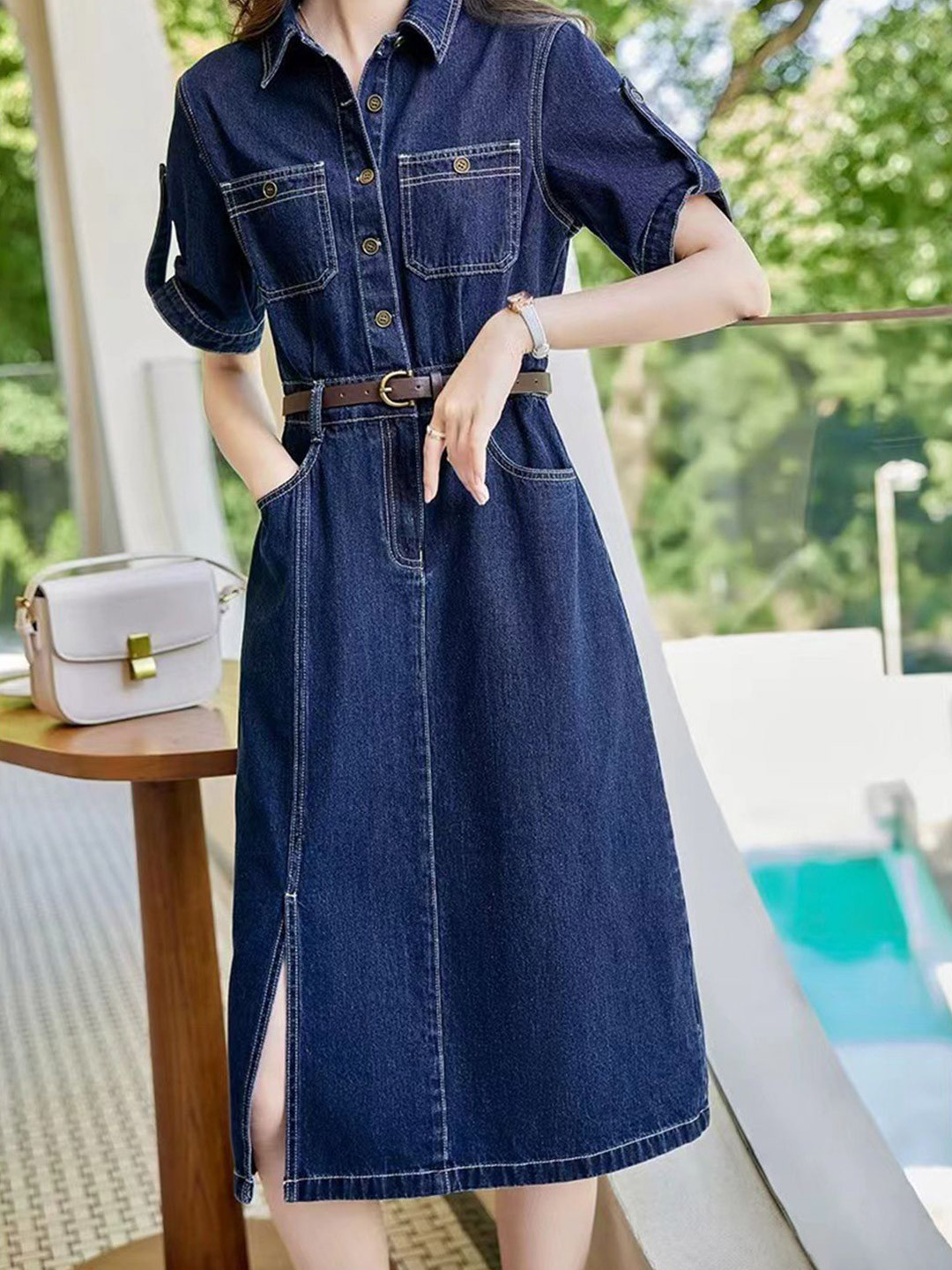 bebe Women Shirt Collar Shirt Midi Dress