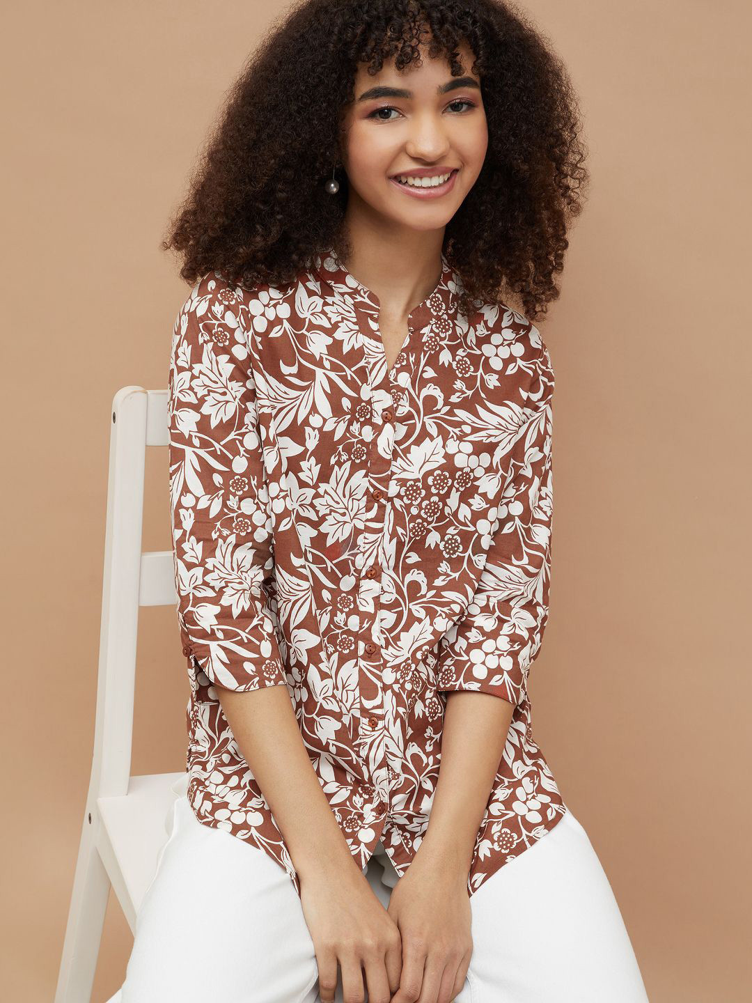 Colour Me by Melange Women Floral Printed Band Collar Cotton Casual Shirt