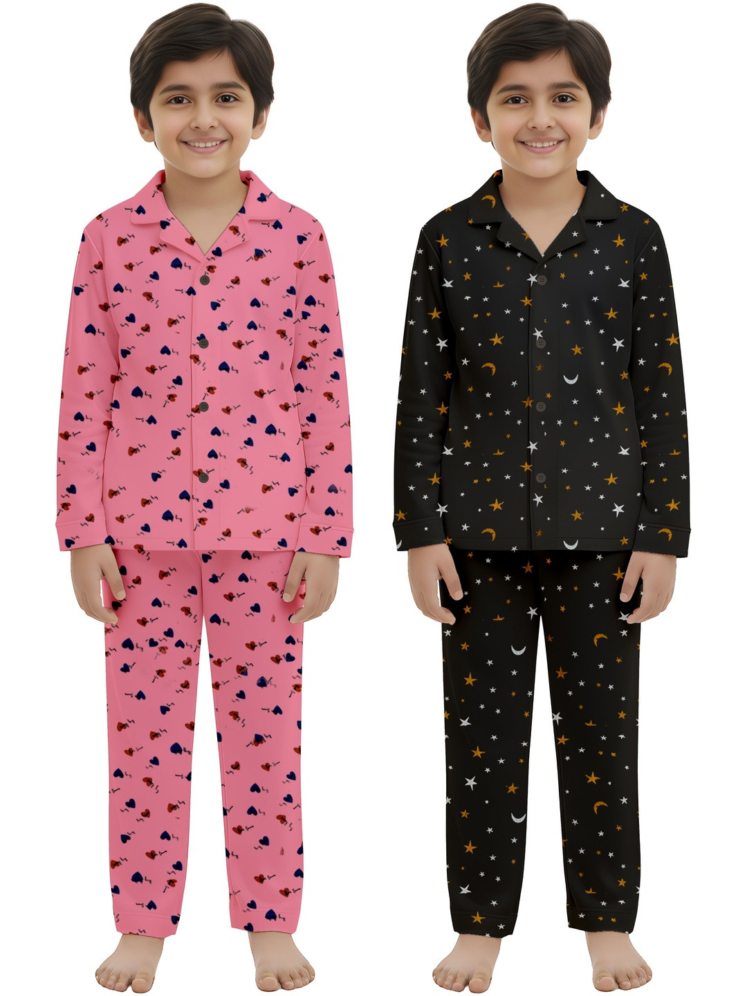 Fasha Kids Pack of 2 Conversational Printed Lapel Collar Pure Cotton Night suit