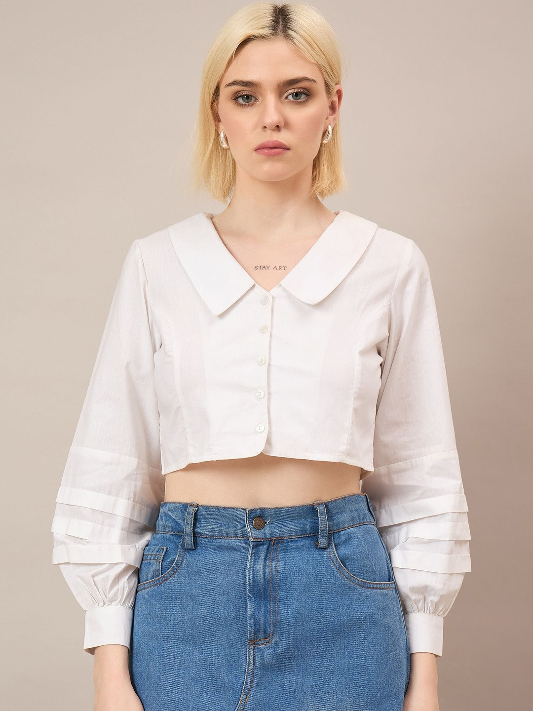 Roadster Peter Pan Collar Layered Cotton Shirt Style Crop Top