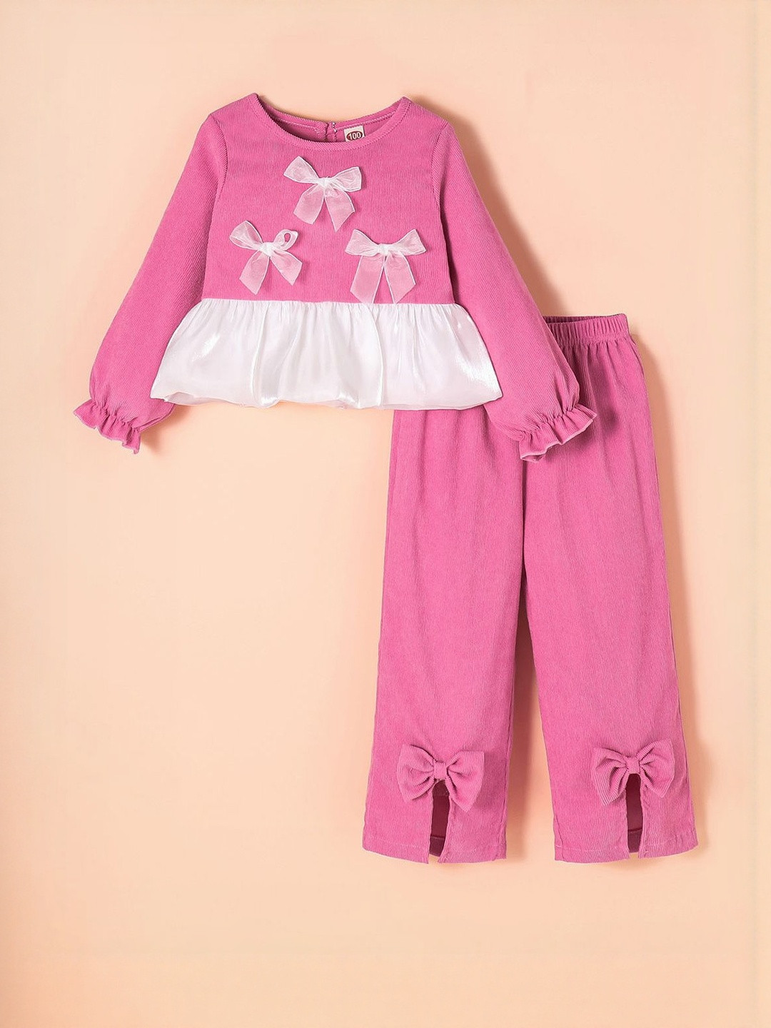 Hopscotch Girls Bow Embellished Ruffle Top With Trousers