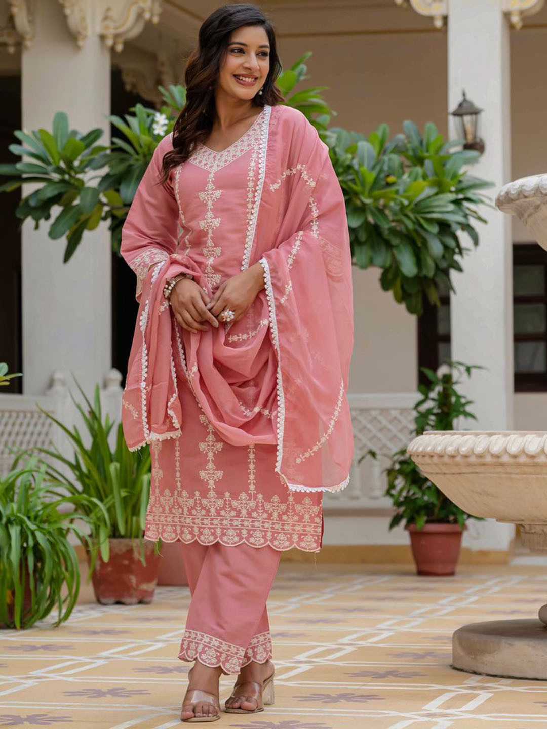 AG TEXTILE Embroidered V-Neck Thread Work Pure Silk Kurta With Trousers & Dupatta