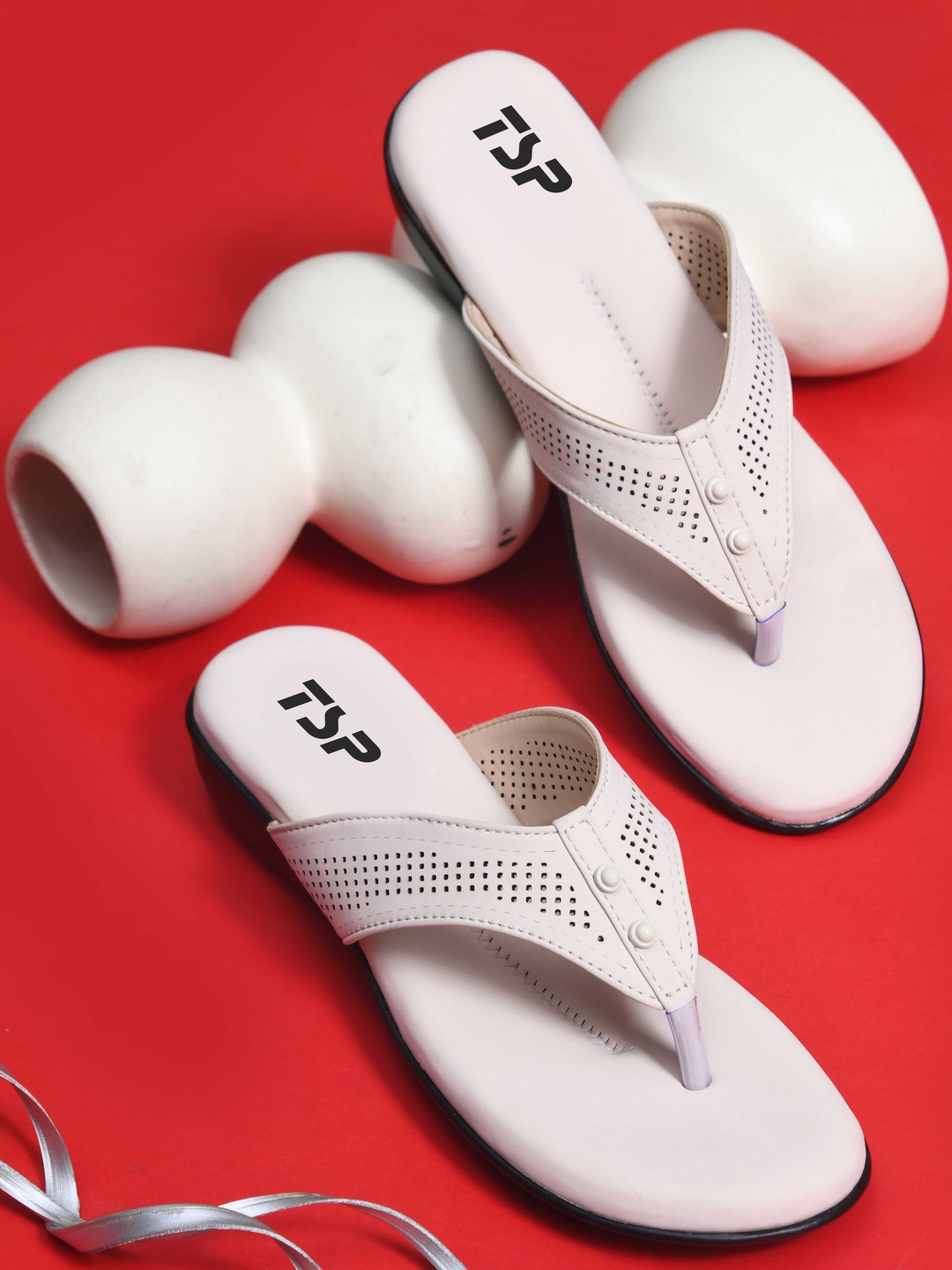 THE STHAPAK BLESS YOUR FEET Women Cream Solid Synthetic T-Strap Flats