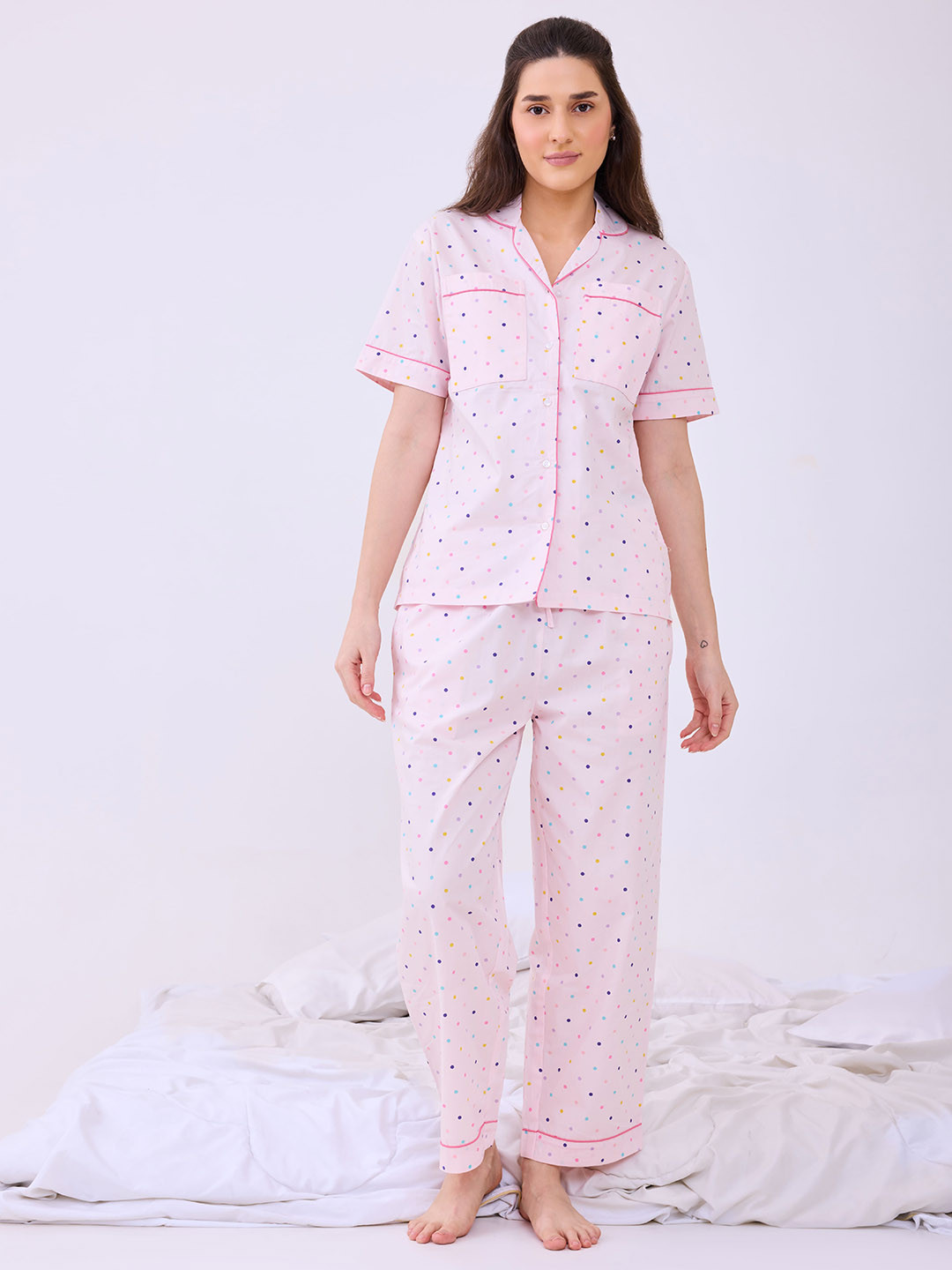 Blyssin Women Polka Dots Printed Lapel Collar Neck Night Suits