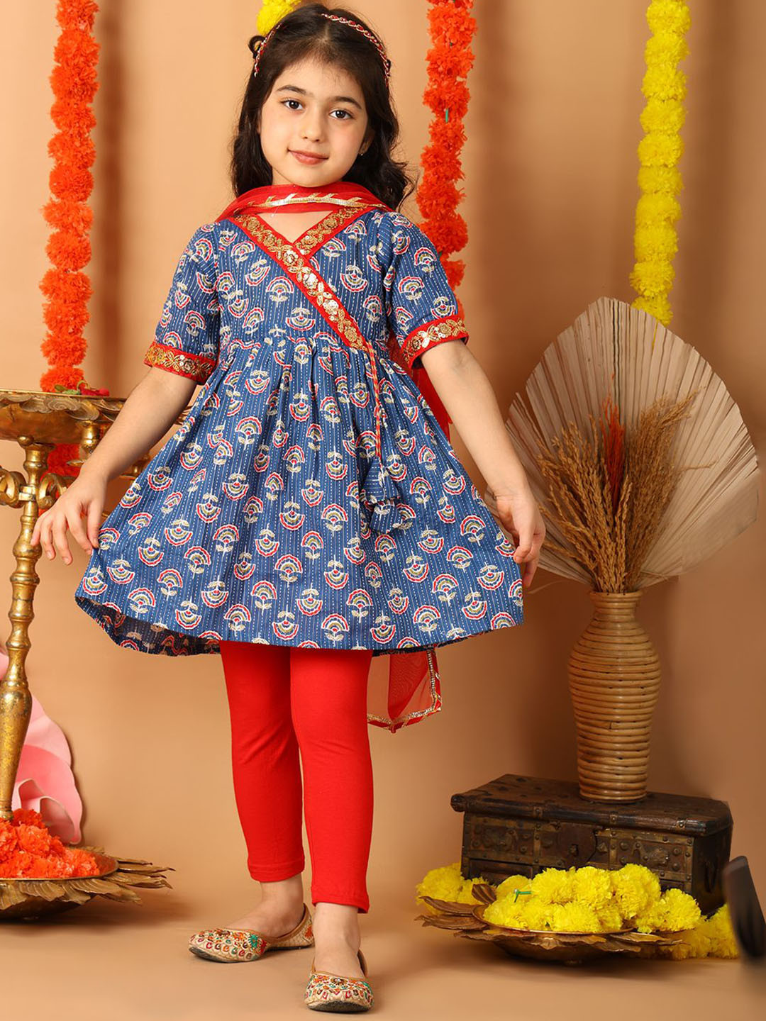Sangria Girls Blue 3/4 Sleeves Printed Kurti With Red Leggings & Dupatta