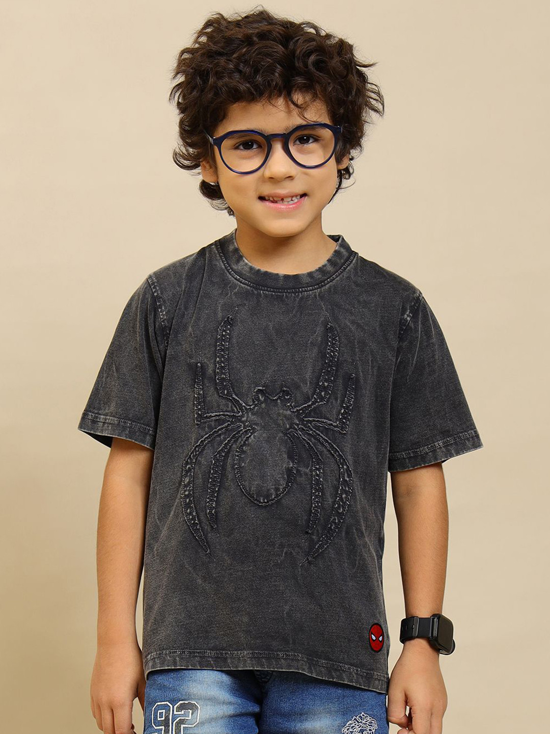 Kids Ville Boys Spider-Man Washed Effect Dyed Round Neck Cotton T-shirt
