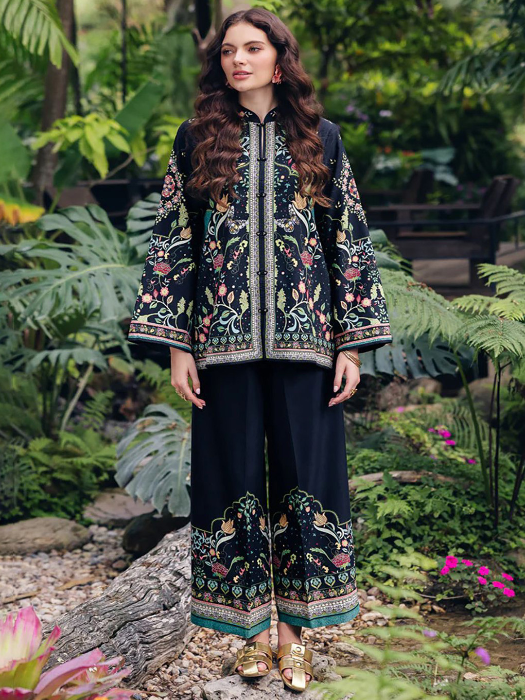 ROMONIA Embroidered Shirt Collar Tunic With Trousers