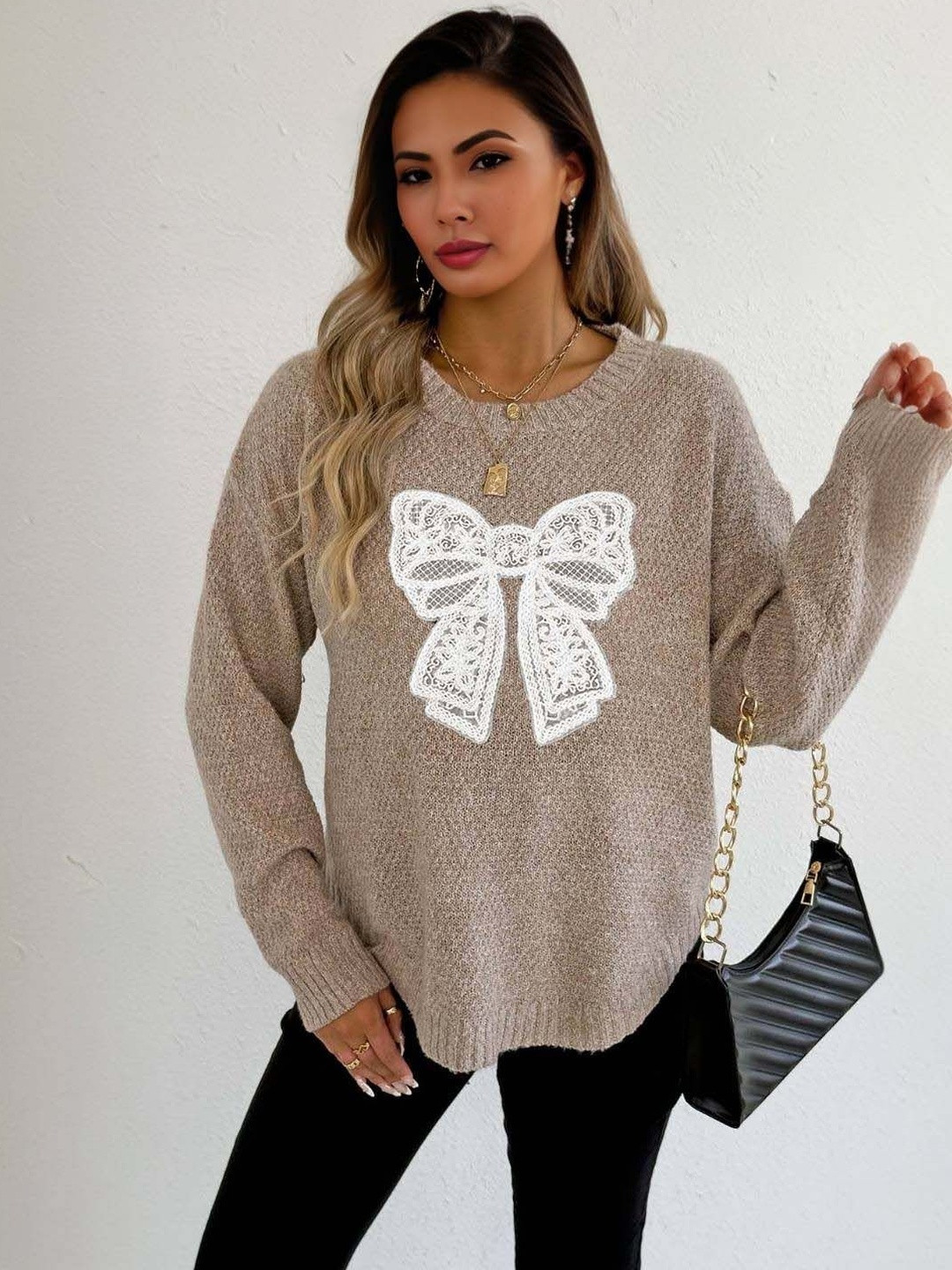 HERE&NOW Women Pullover With Front Crochet Bow