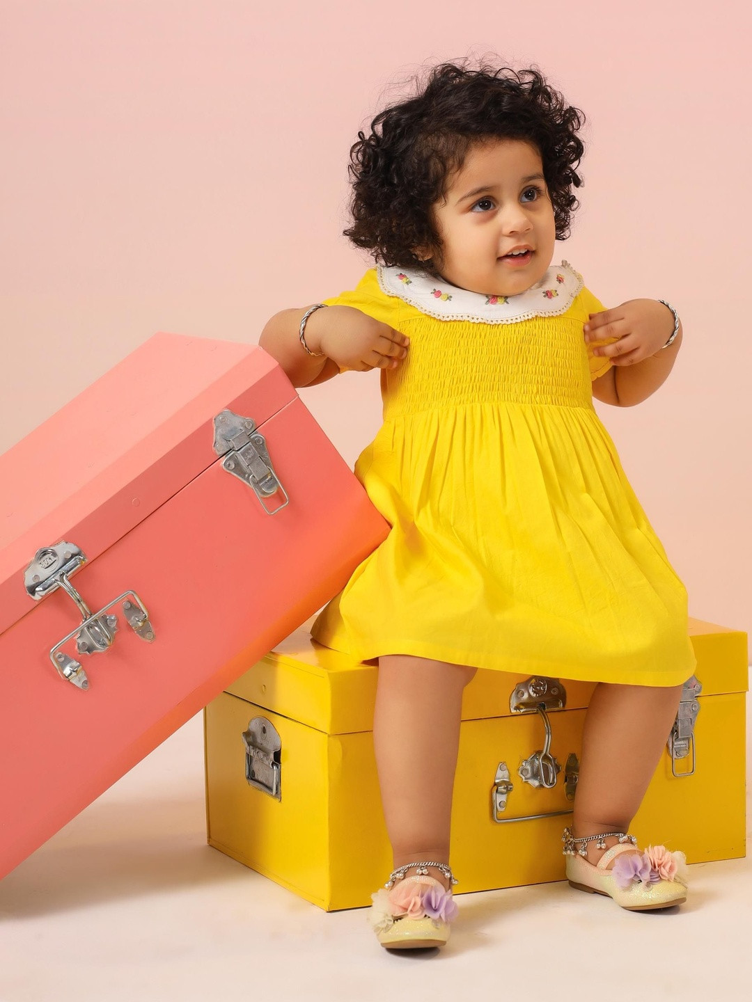 Sangria Girls Yellow Smocked and Embroidery Detail Dress