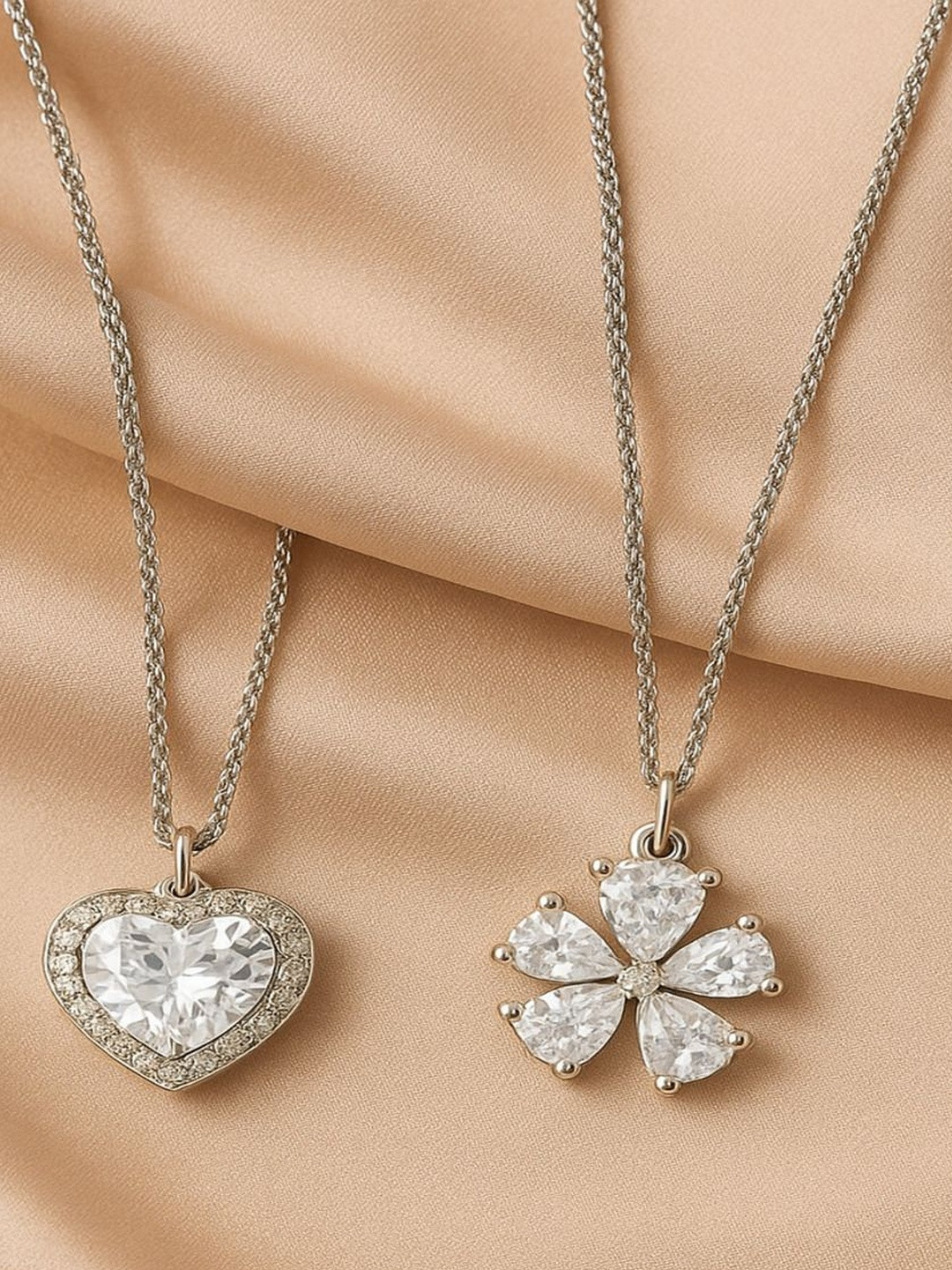 Jewelz Set Of 2 American Diamond Studded Heart Shaped Pendants With Chains