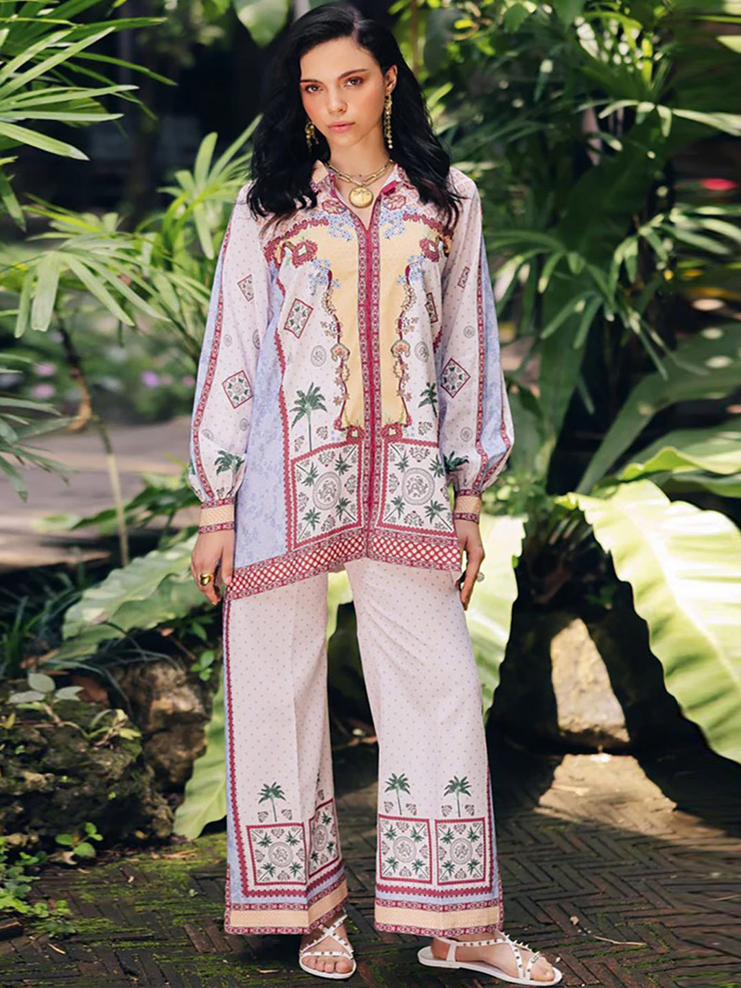 ROMONIA Printed Shirt Collar Tunic With Trousers