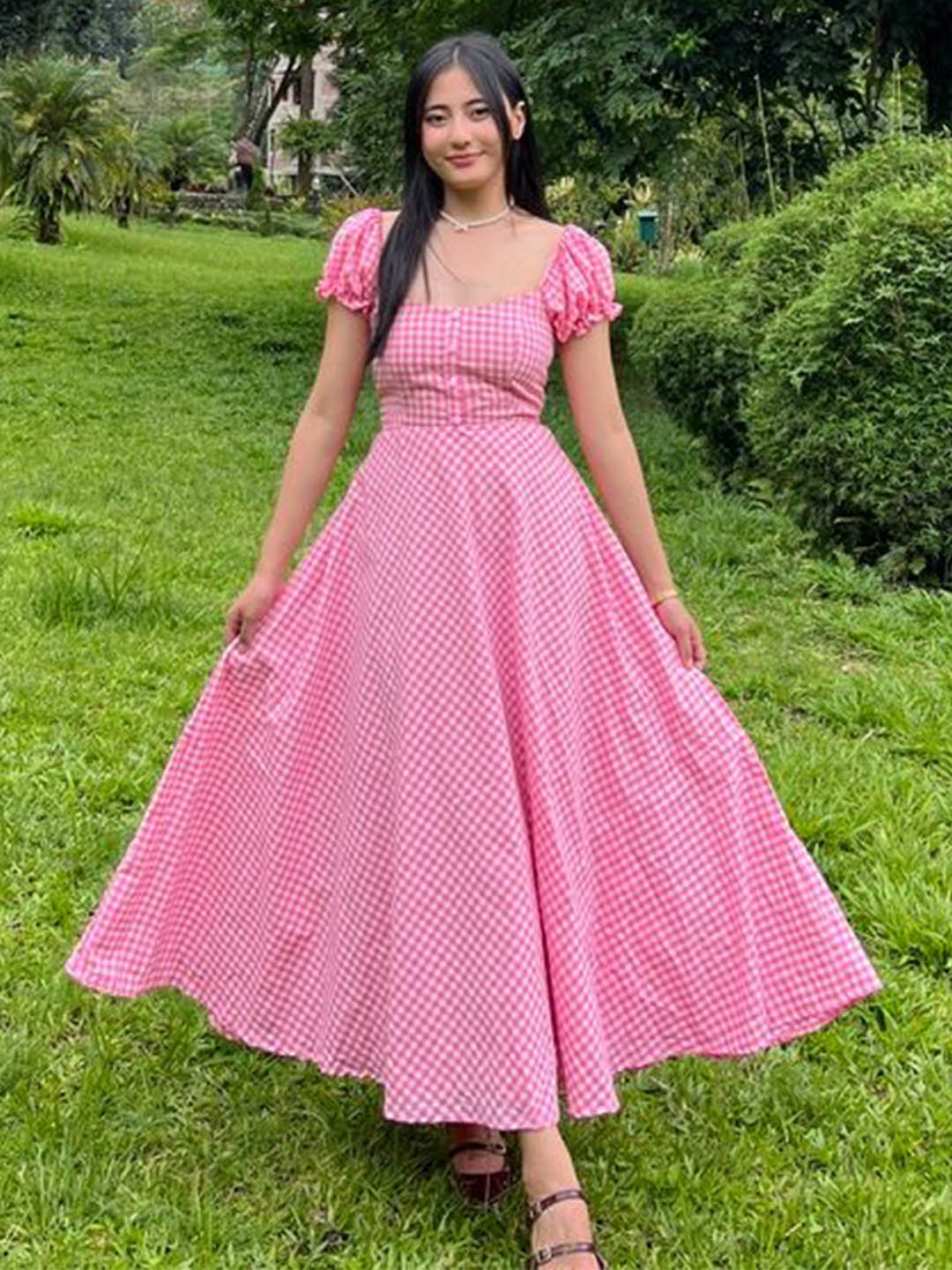 TAILORMADE CLOTHING Women Gingham Checked Puff Sleeve Fit & Flare Maxi Dress