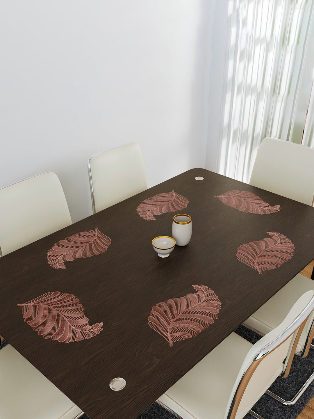 Aura Rose Gold-Toned 4 Pieces Self-Design Leather Leaf Shaped Table Placemats