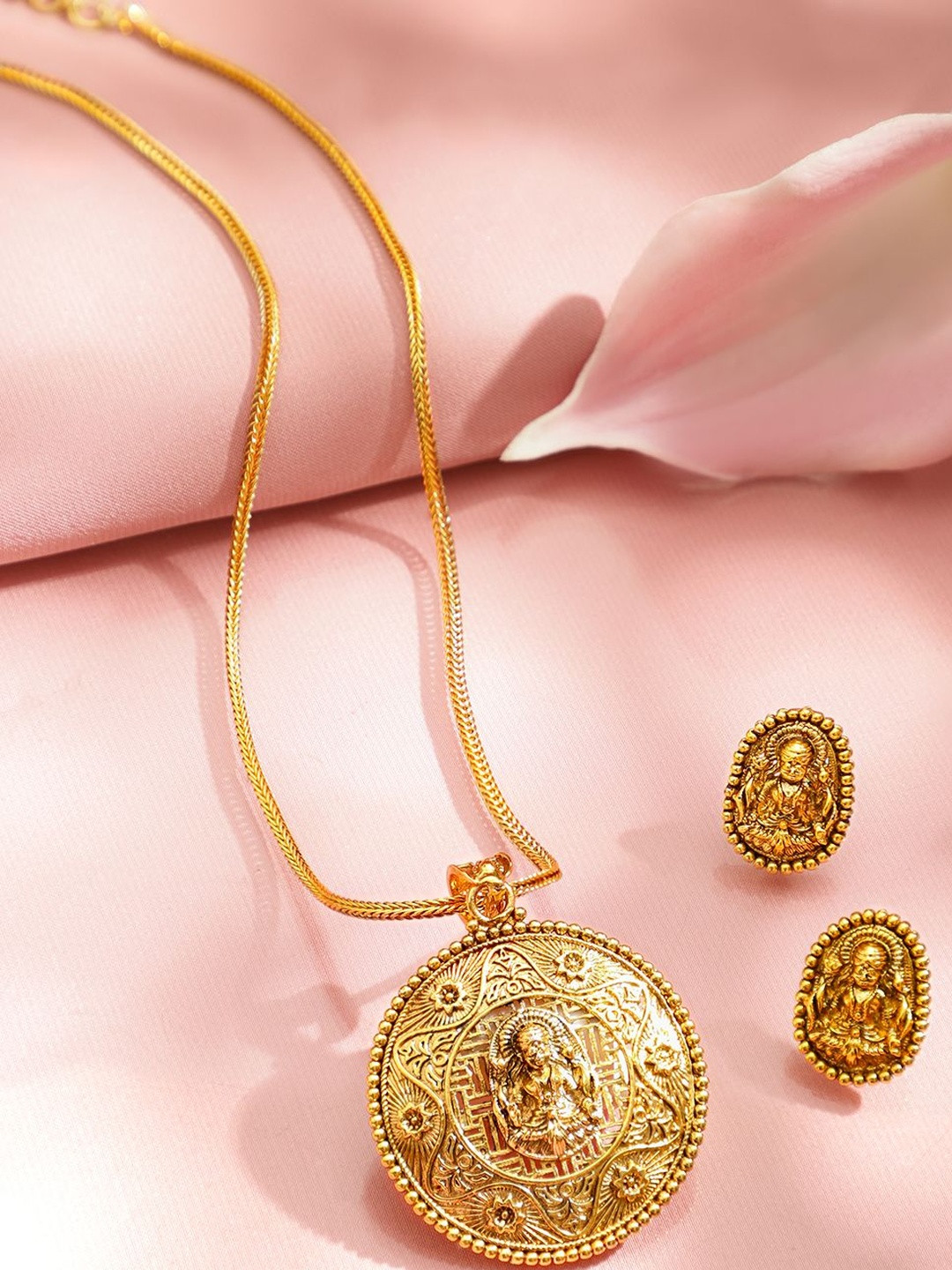 Rubans 22K Gold-Plated Temple Necklace Set with Round Carved Lakshmi Pendant & Earrings