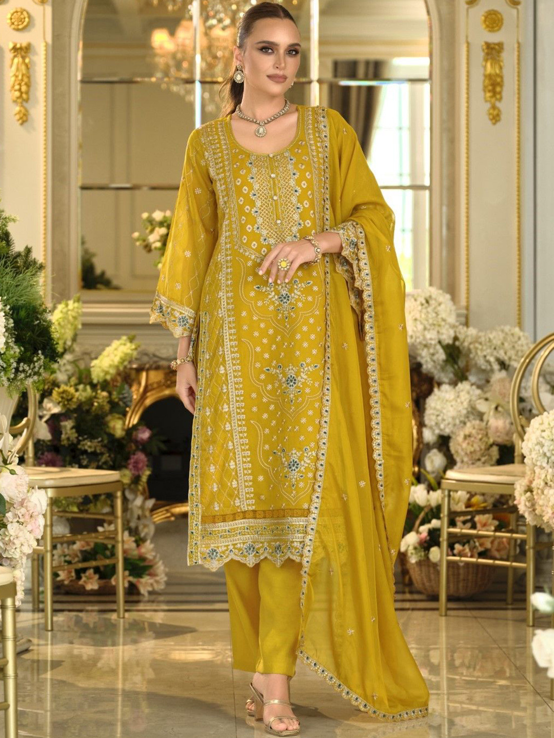 AUTUMN LANE Itrake Floral Embroidered Thread Work Straight Kurta With Trousers & Dupatta