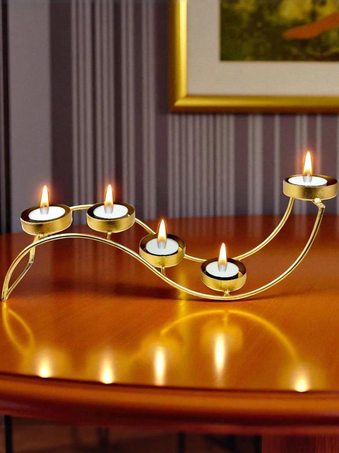 Go Hooked Set Of 5 Gold Tealight Handcrafted Candle Holder for Tabletop