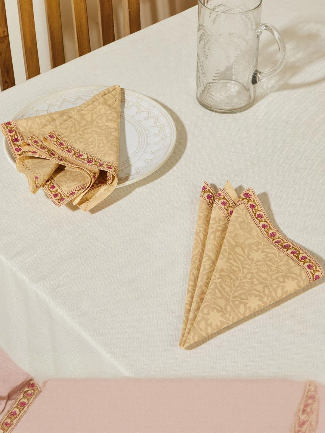 Fabindia Anar Green & Beige 6 Pieces Printed Cotton Square Shaped Table Napkins