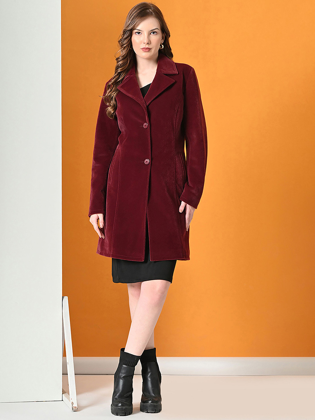 TBOJ Women Maroon Solid Leather Longline Trench Coat