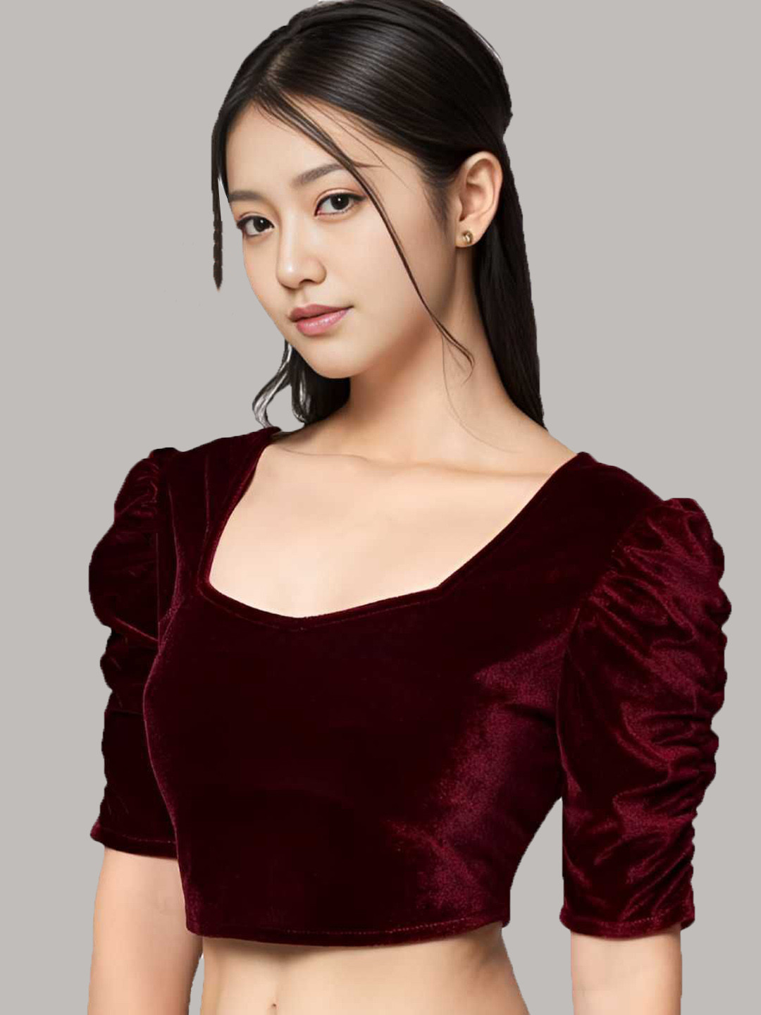 WIZULO TRENDZ Velvet Puff Sleeved Saree Blouse