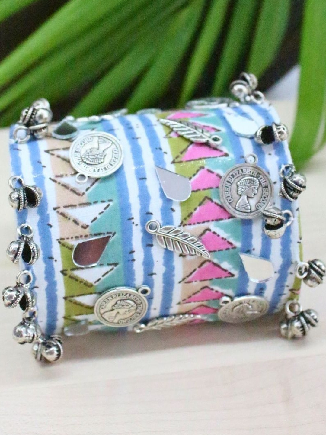 MCREATION4U Women Multicolor Wide Cuff Bracelet with Mirror & Antique Silver Charms